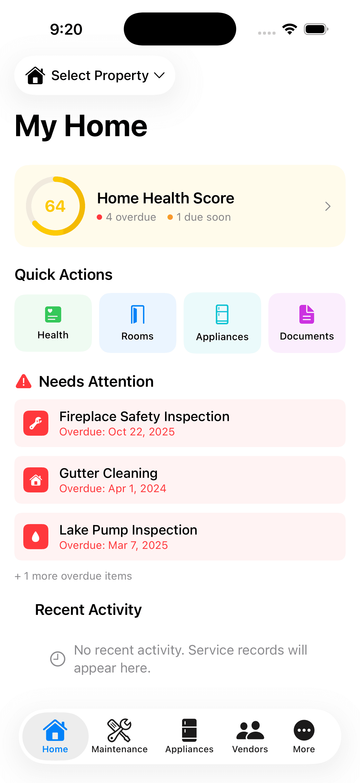 HomeWell homeowner app home screen