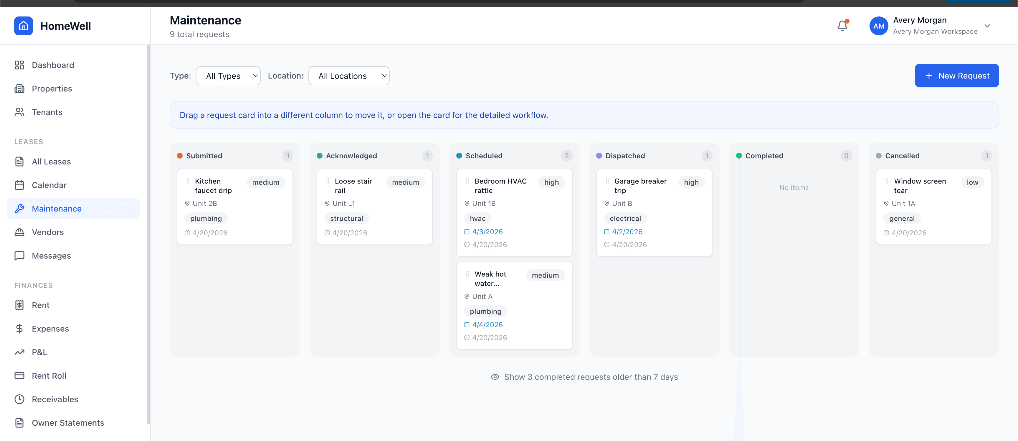 HomeWell Property Manager web maintenance board