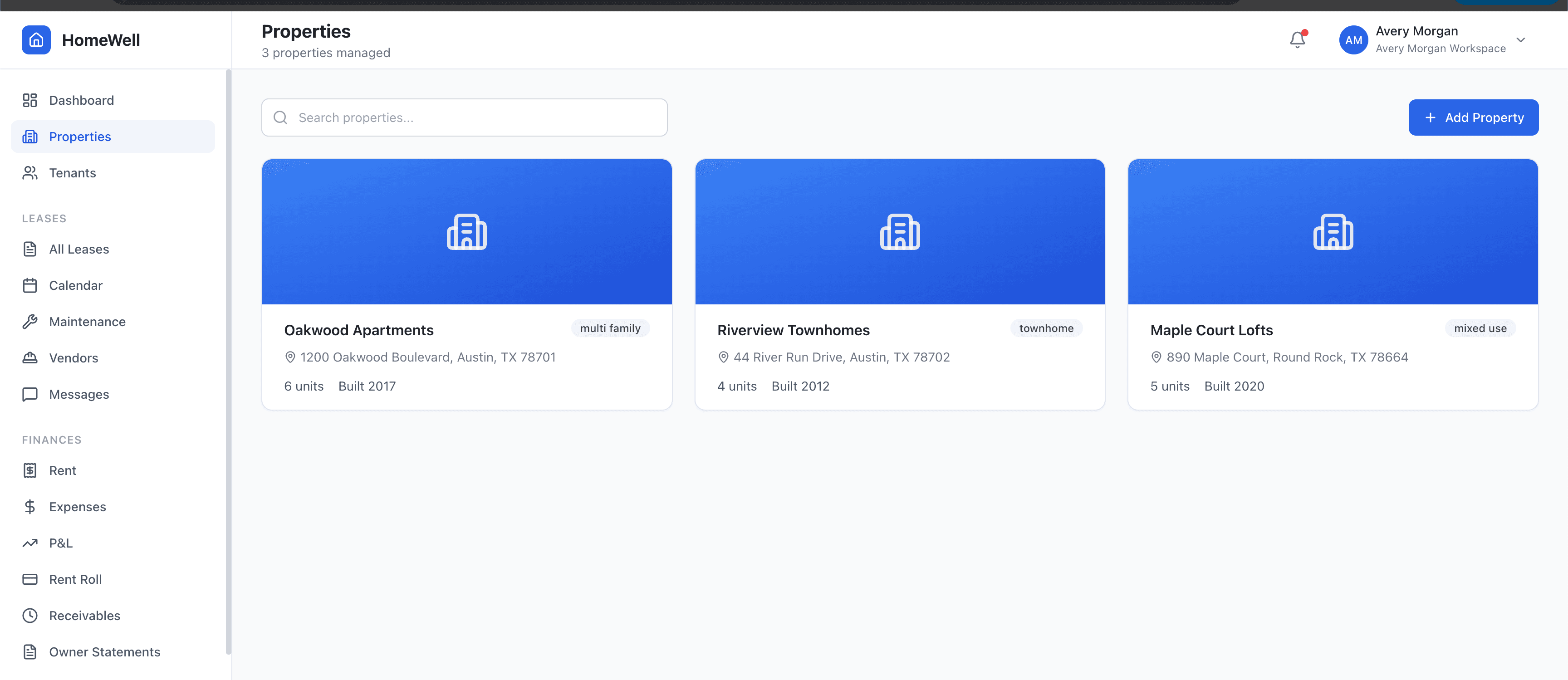 HomeWell property manager dashboard