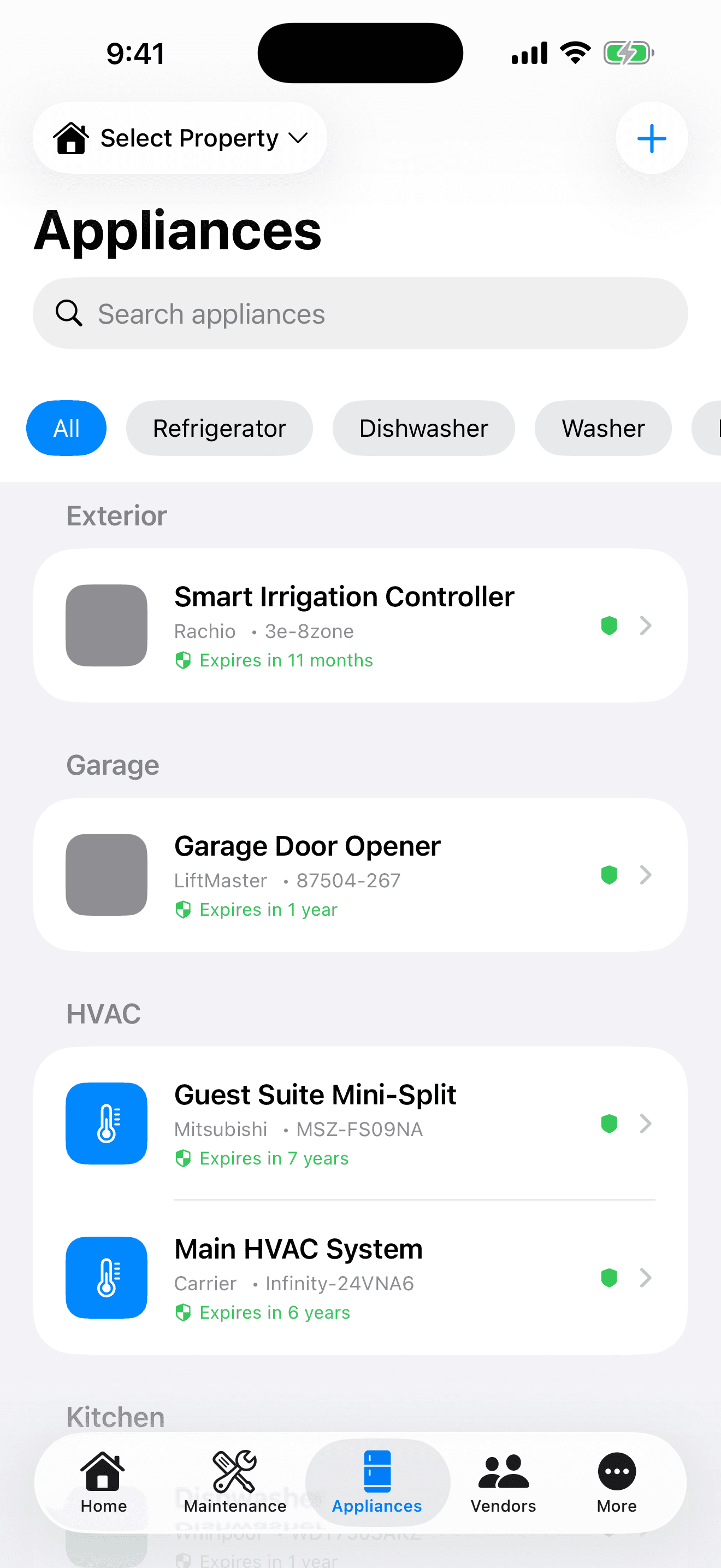 HomeWell Homeowner mobile appliance records screen