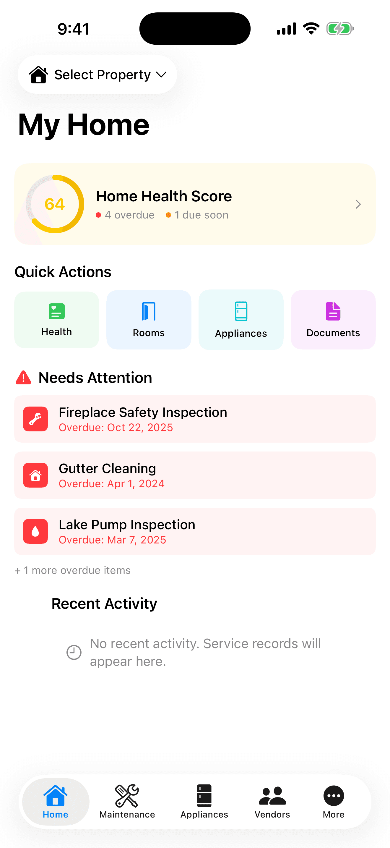 HomeWell Homeowner mobile dashboard with home health score and overdue maintenance