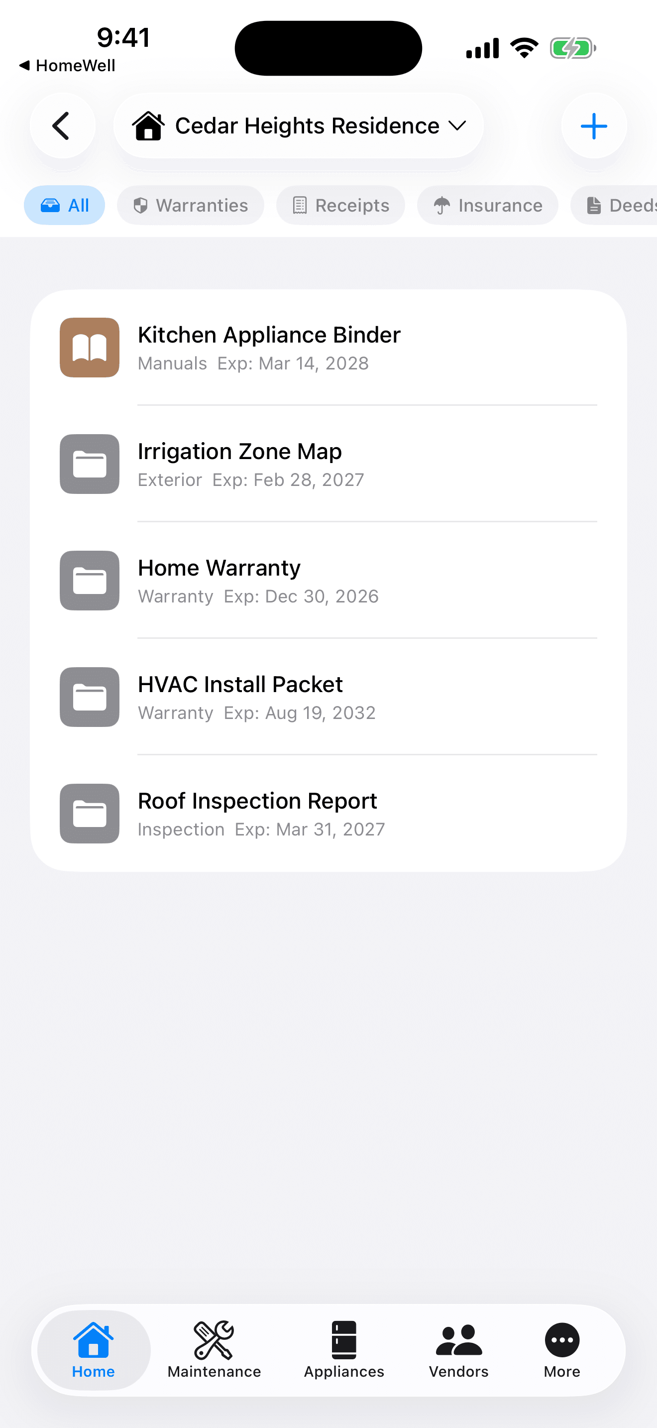HomeWell Homeowner mobile documents screen