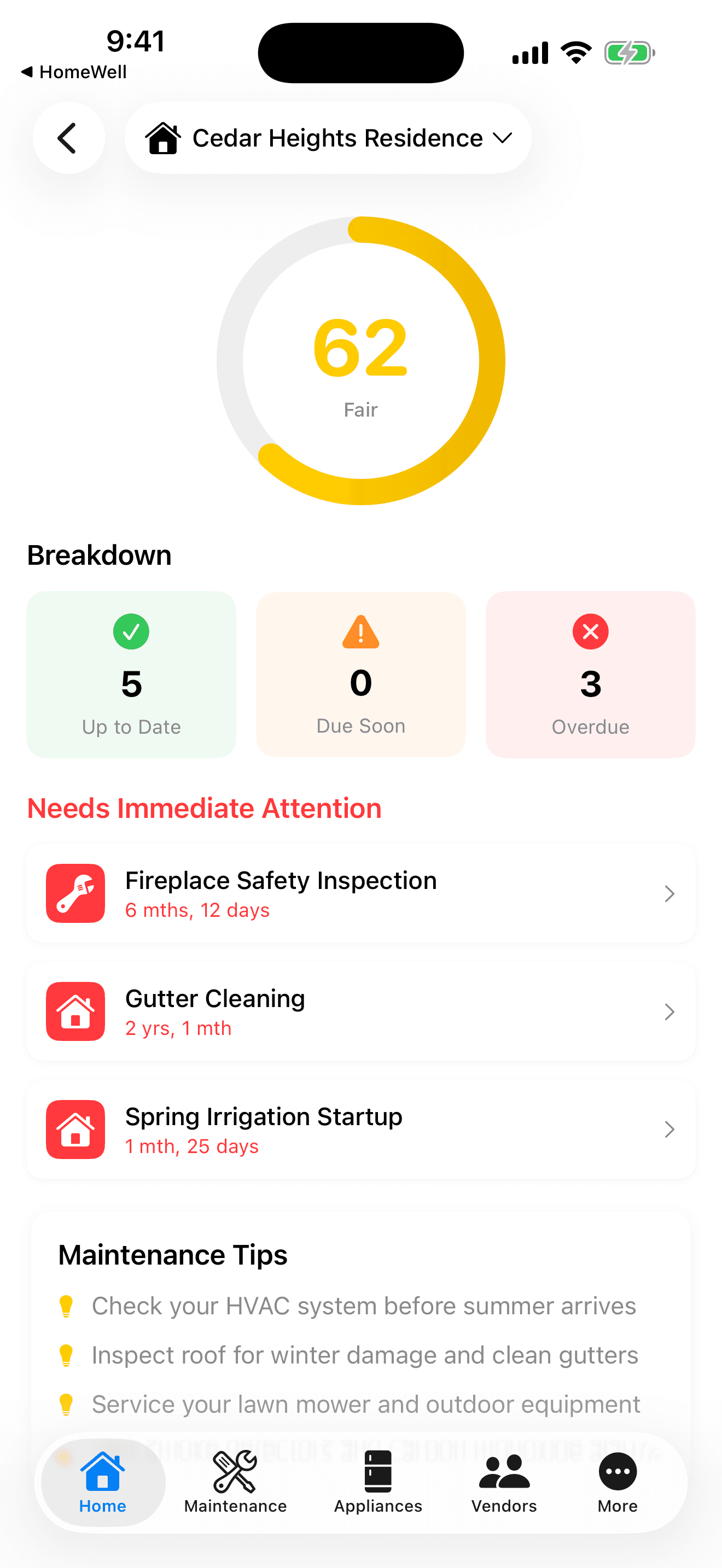 HomeWell Homeowner mobile home health detail screen