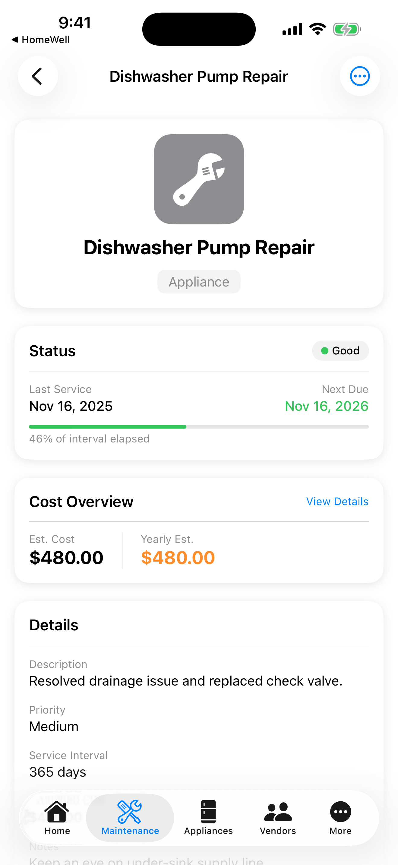 HomeWell Homeowner mobile maintenance detail