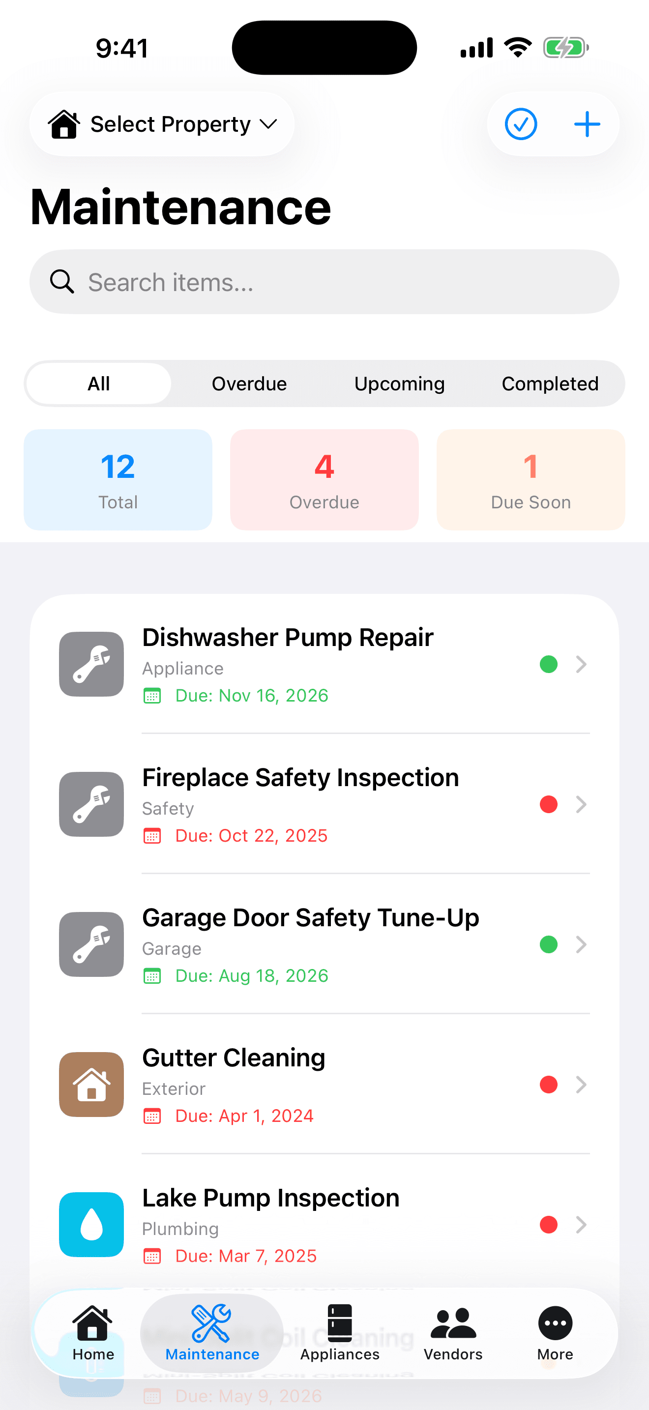 HomeWell Homeowner mobile maintenance screen