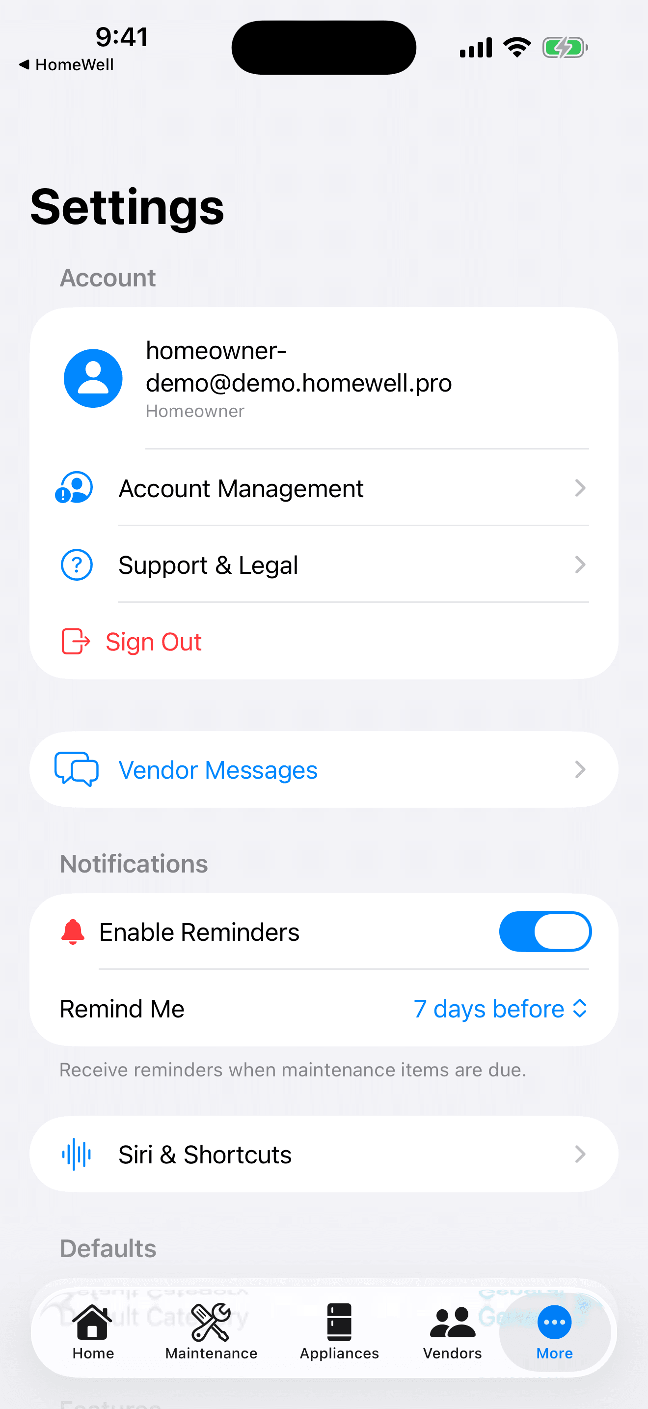 HomeWell Homeowner mobile settings hub
