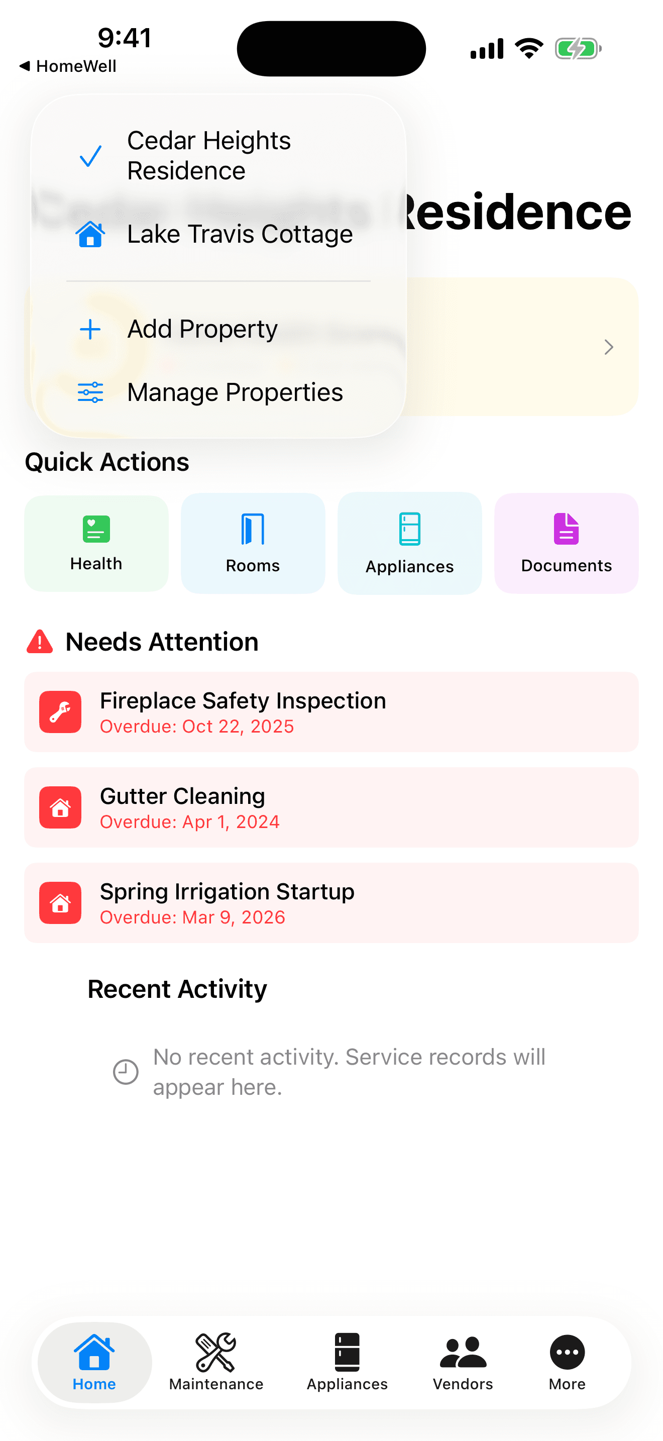 HomeWell Homeowner mobile property selector
