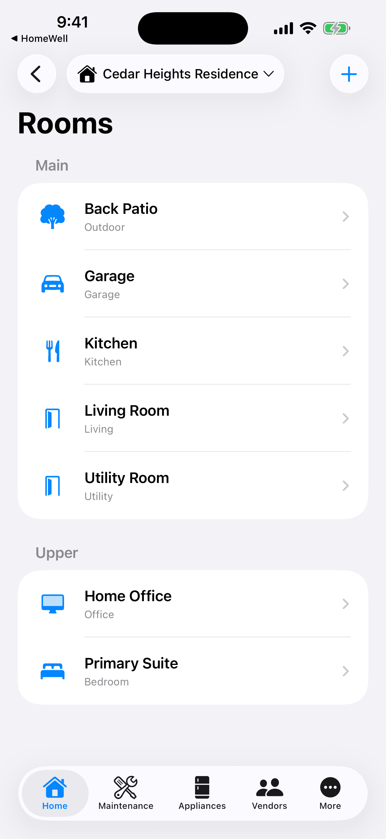 HomeWell Homeowner mobile rooms list