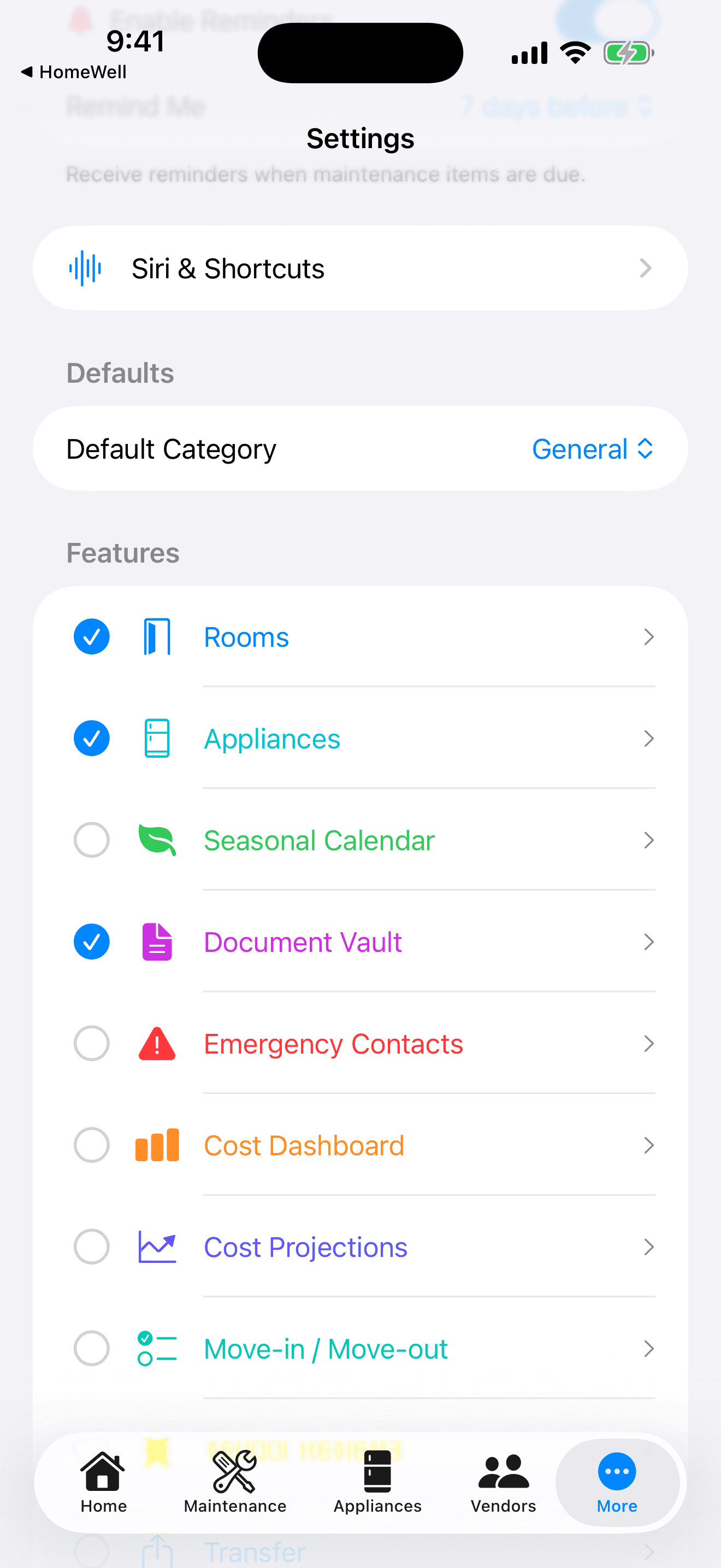 HomeWell Homeowner mobile feature settings