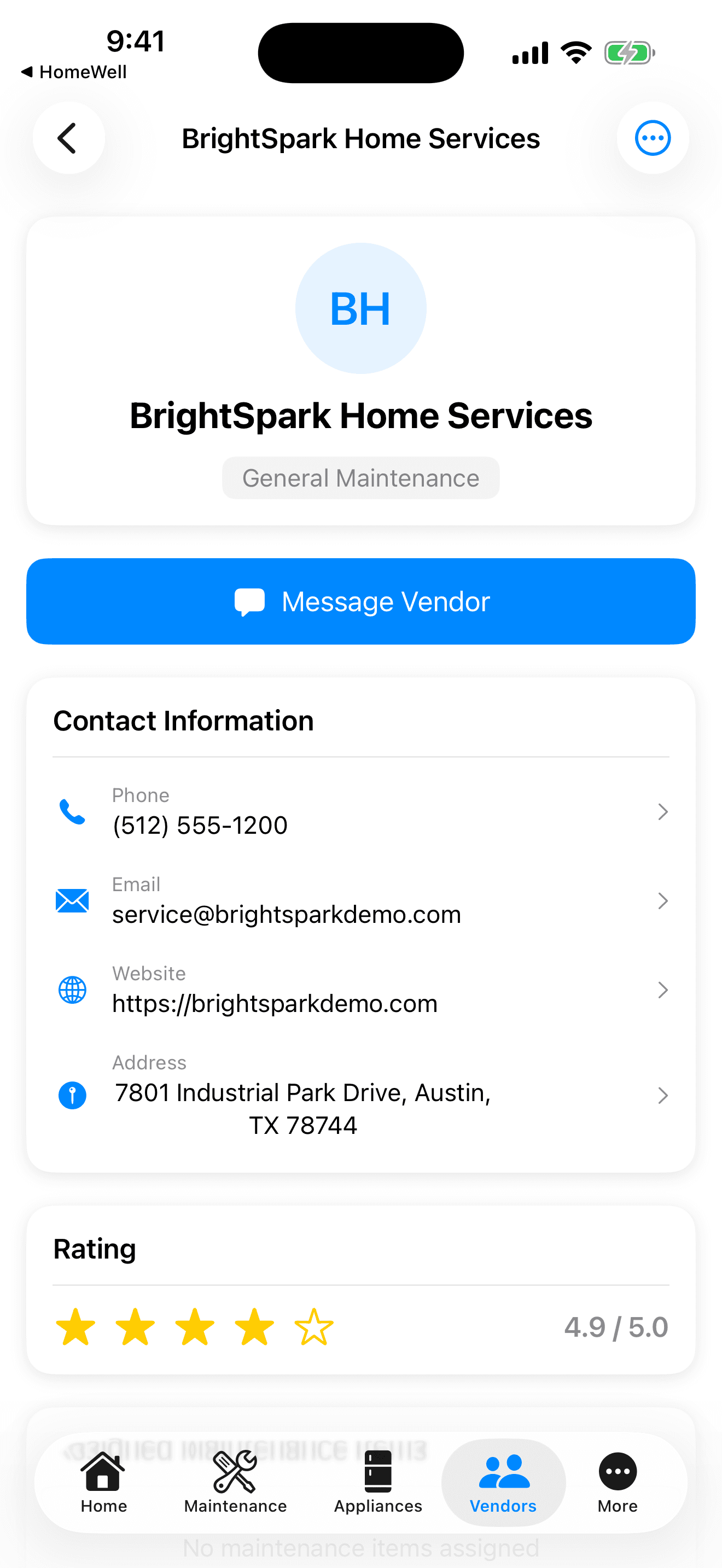 HomeWell Homeowner mobile vendor detail