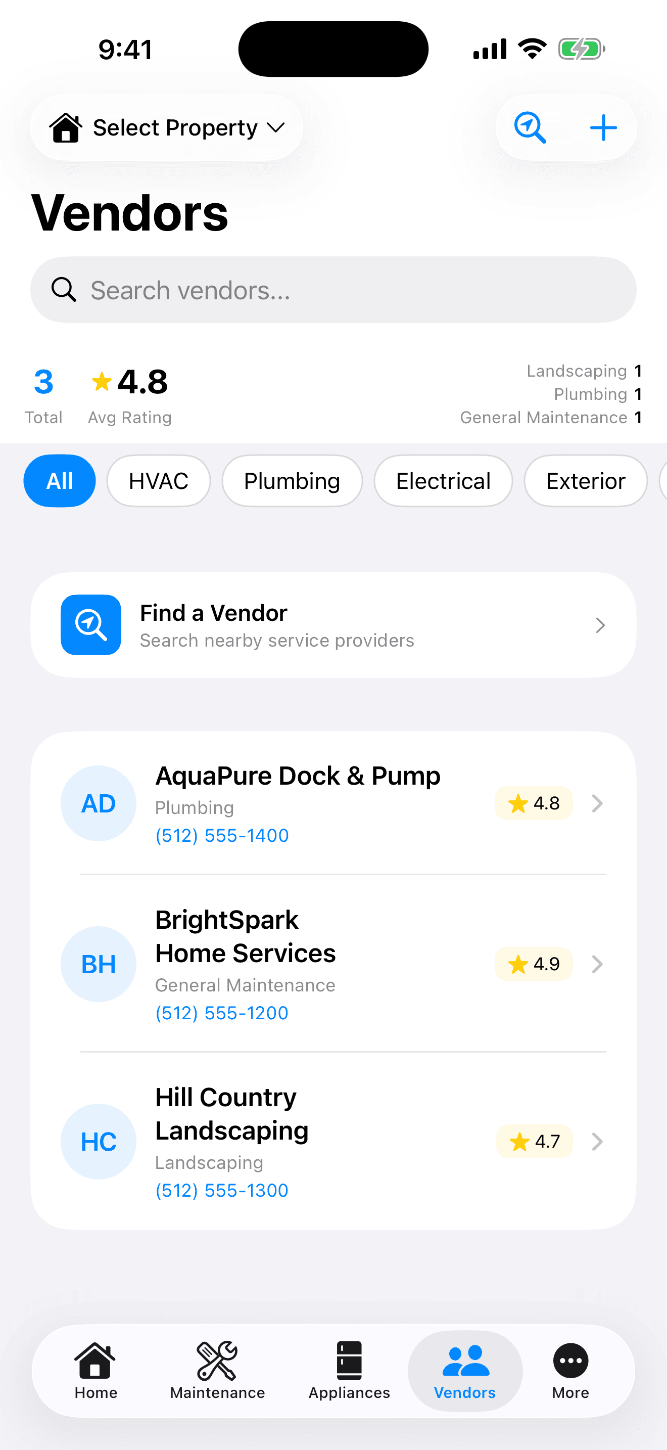 HomeWell Homeowner mobile vendors screen