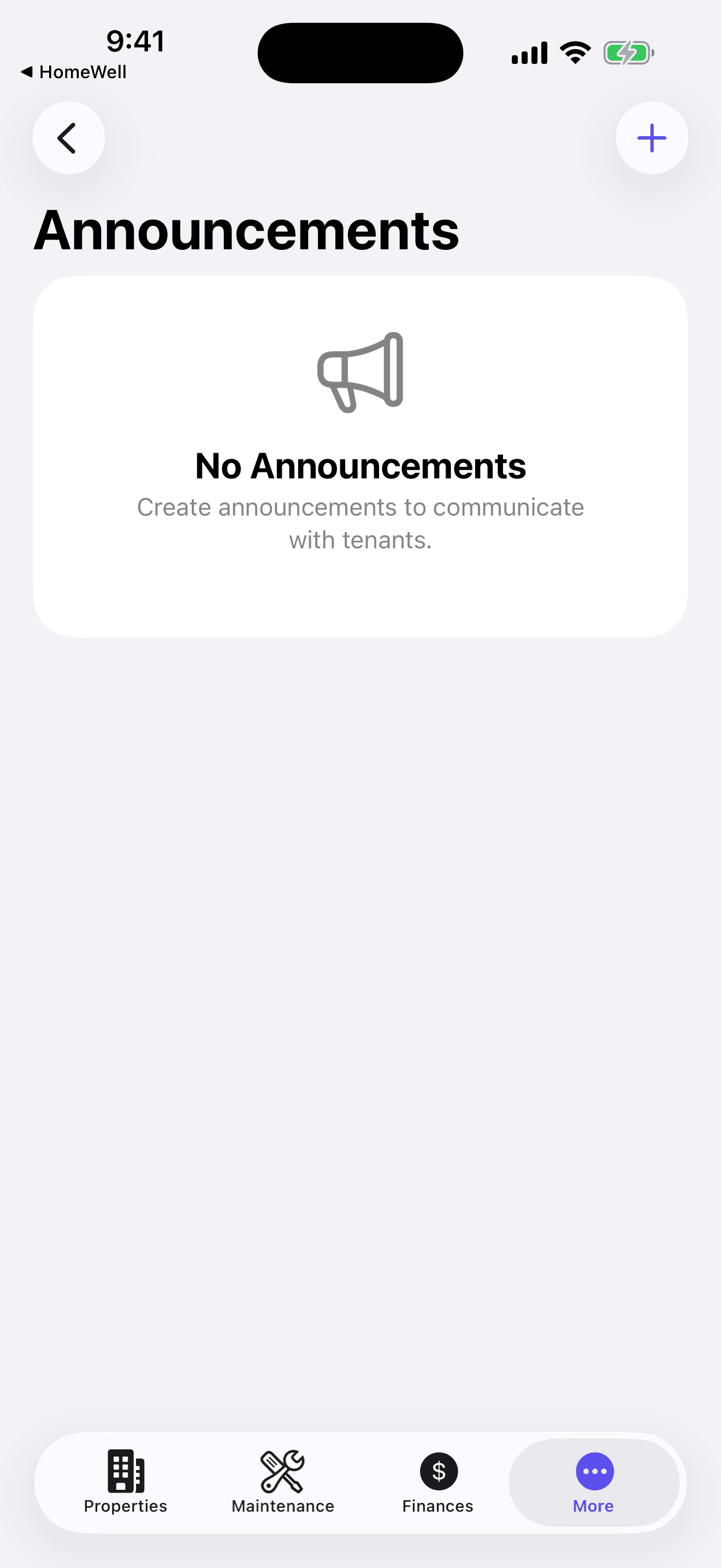 HomeWell Property Manager mobile announcements screen