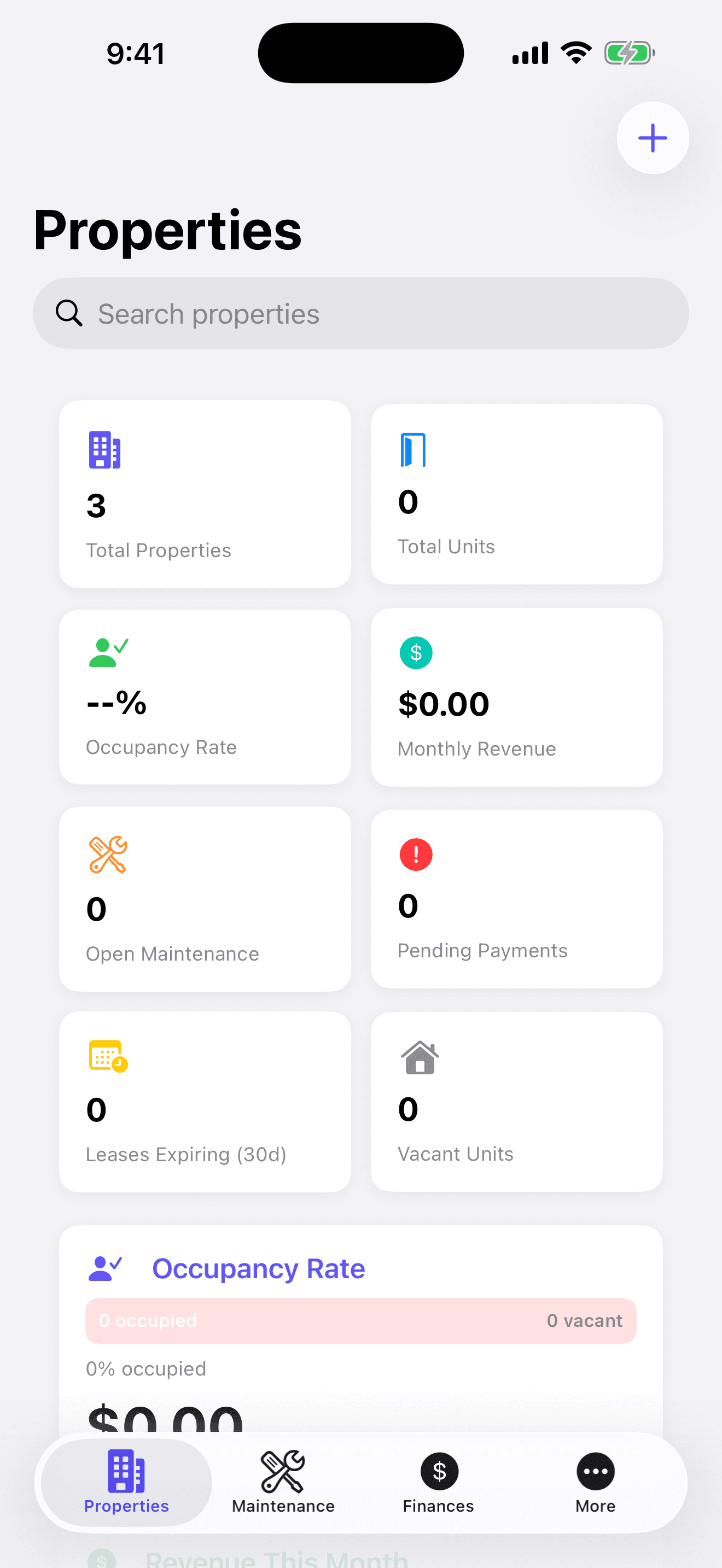 HomeWell Property Manager mobile dashboard with portfolio metrics