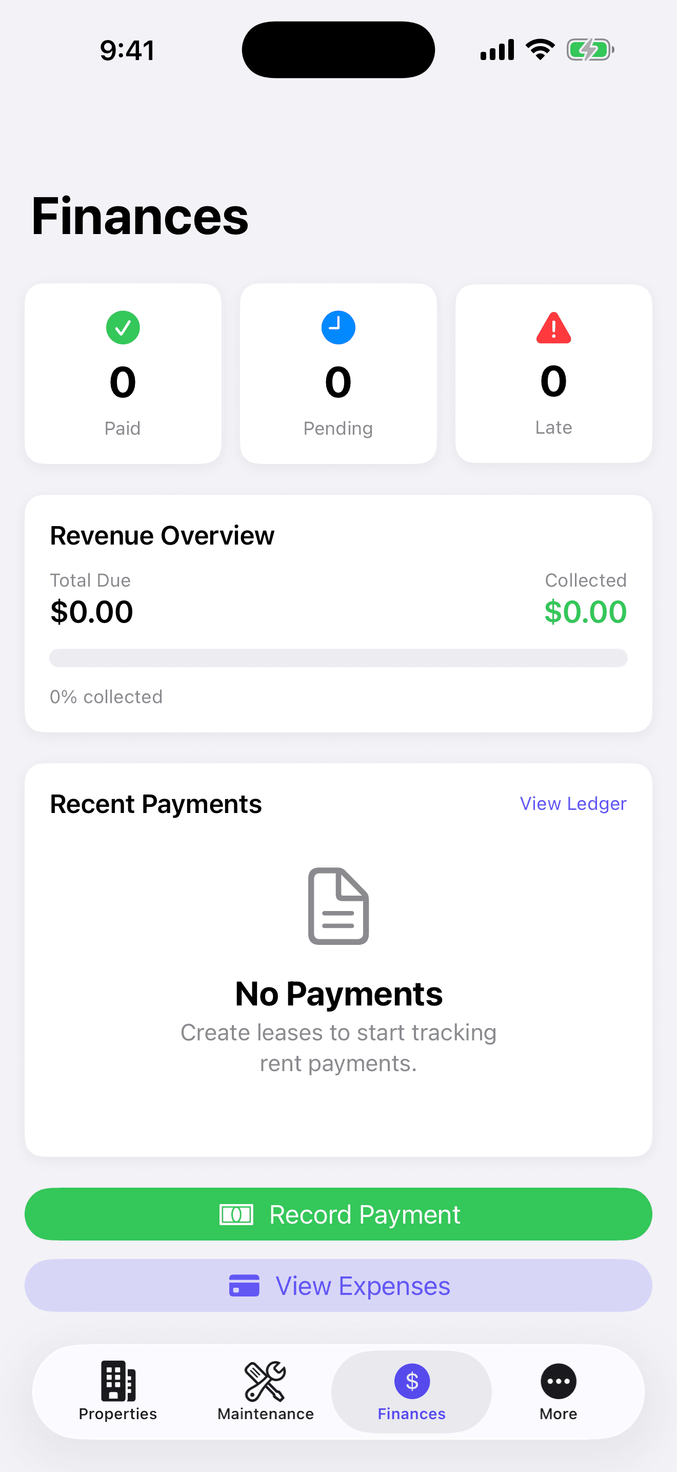HomeWell Property Manager mobile finances screen