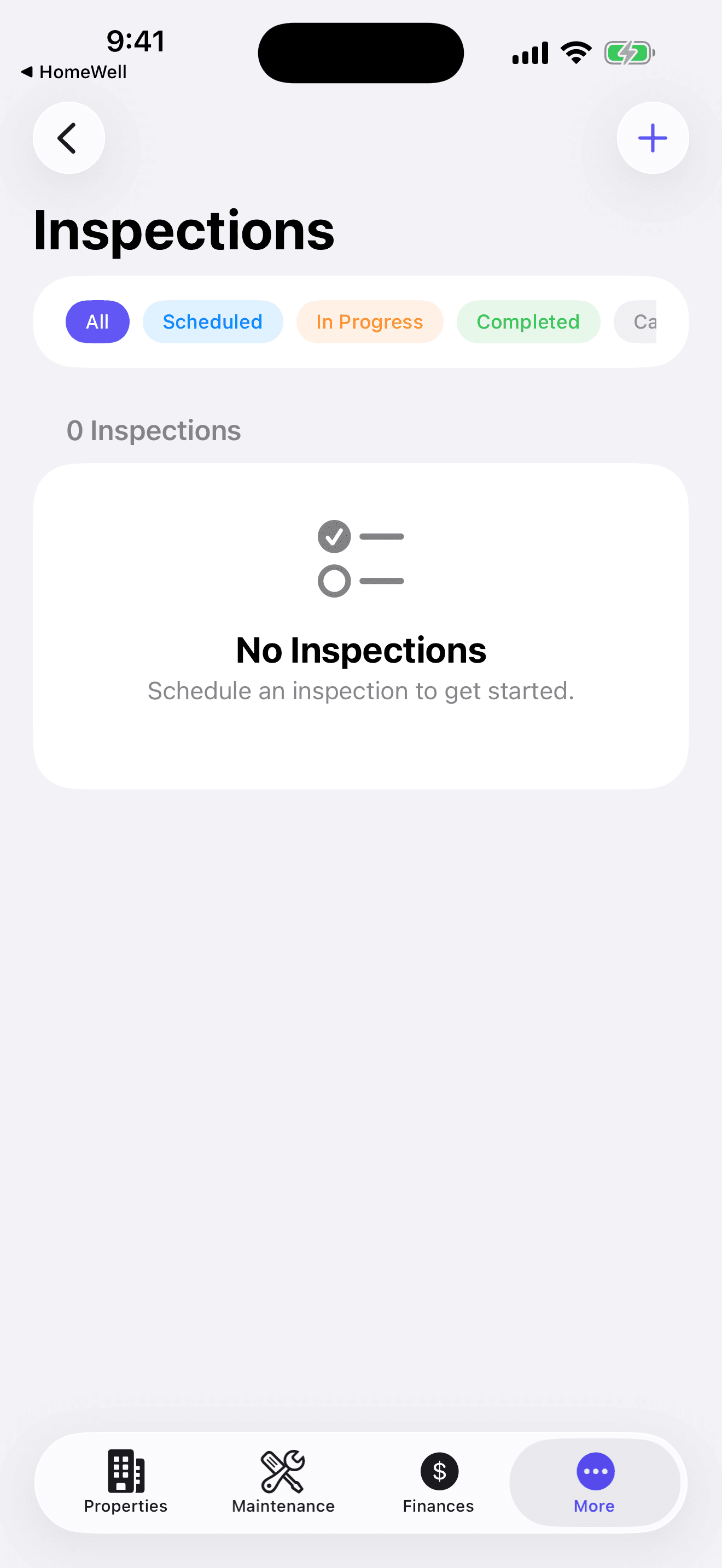 HomeWell Property Manager mobile inspections screen