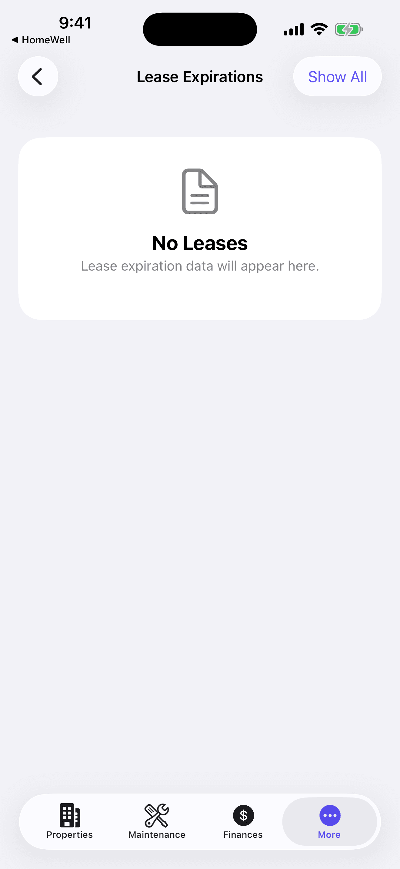 HomeWell Property Manager mobile lease expiration calendar
