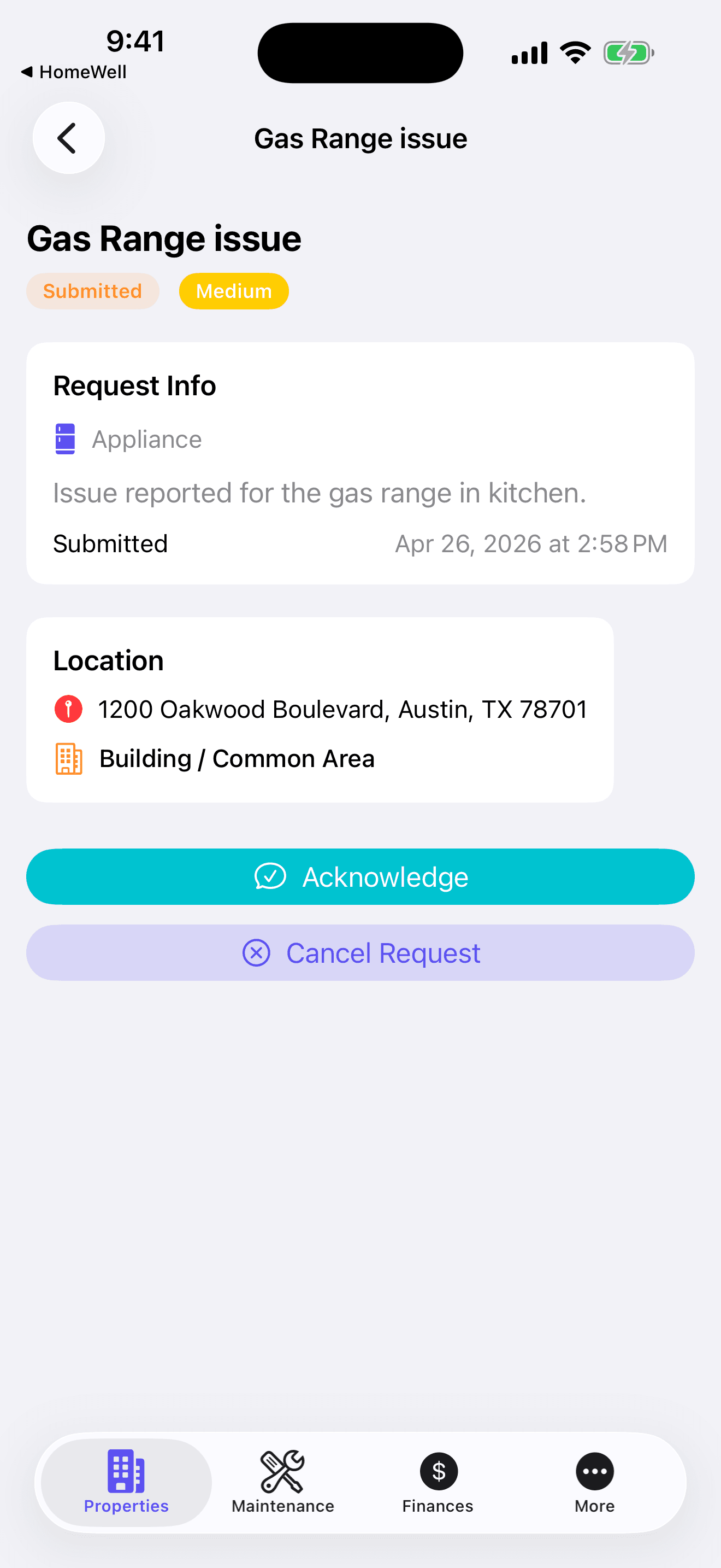 HomeWell Property Manager mobile maintenance request detail