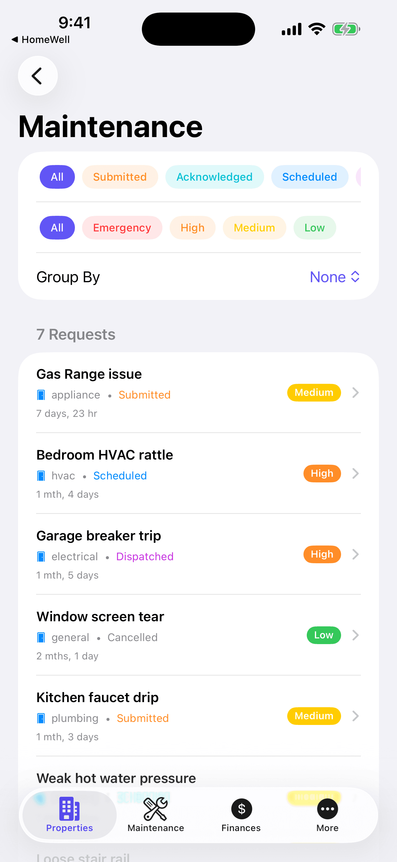 HomeWell Property Manager mobile maintenance queue