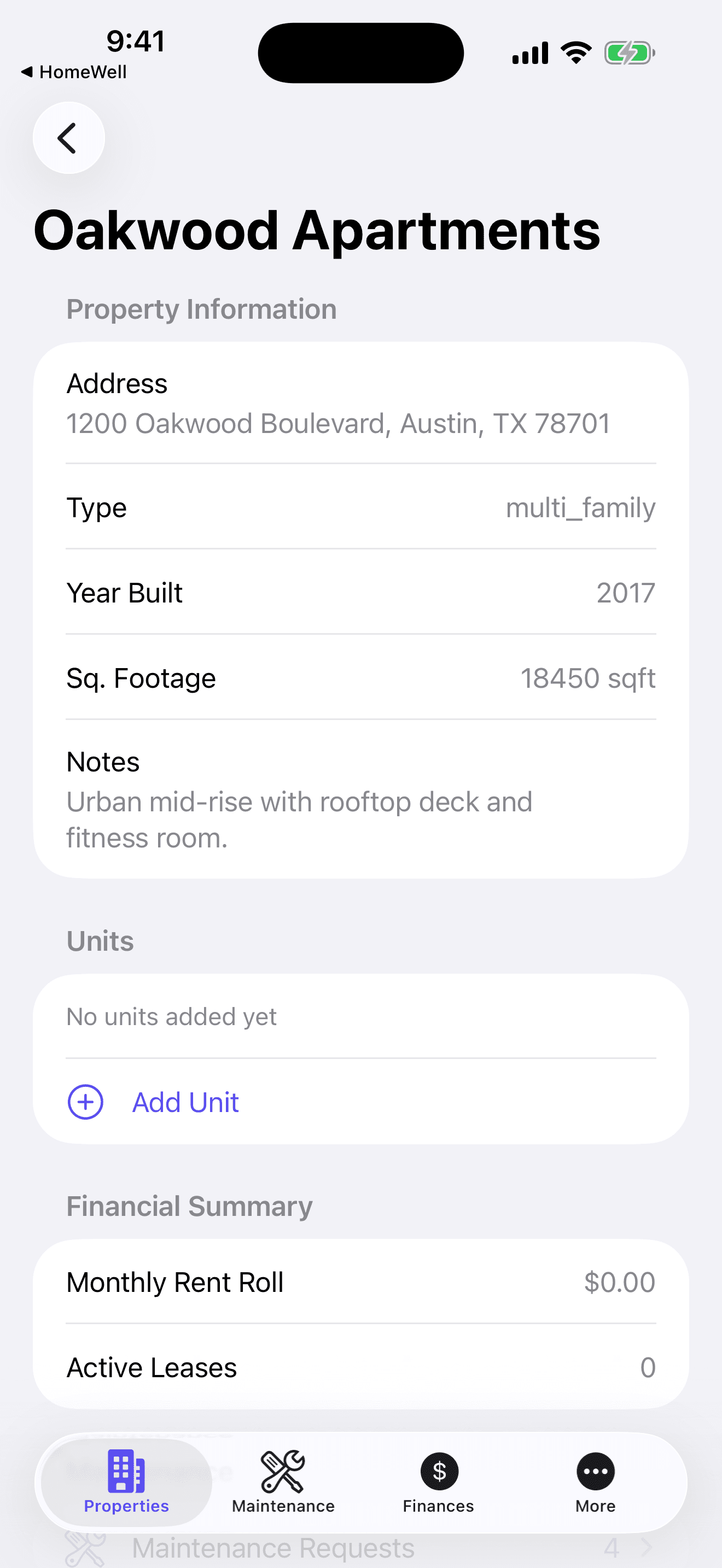 HomeWell Property Manager mobile property detail screen