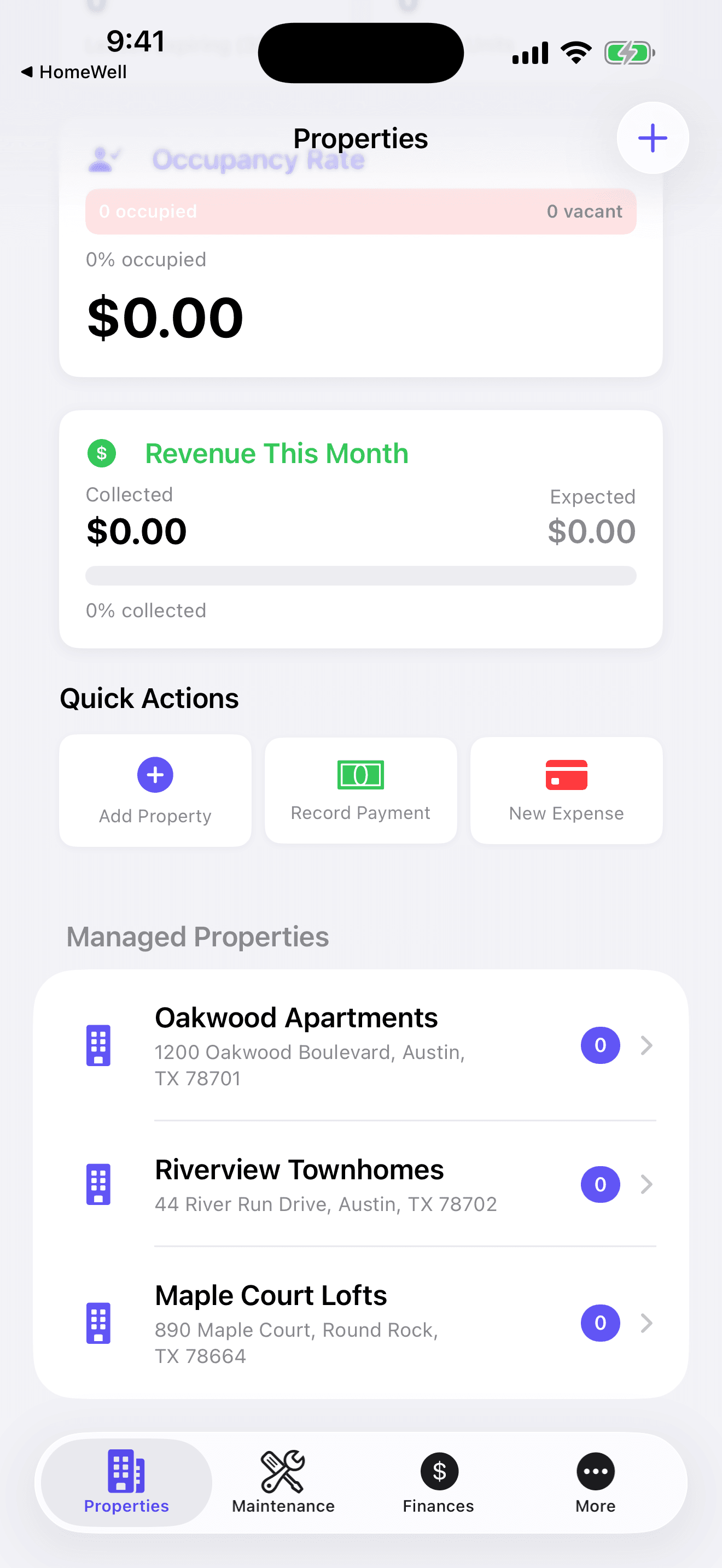 HomeWell Property Manager mobile property list