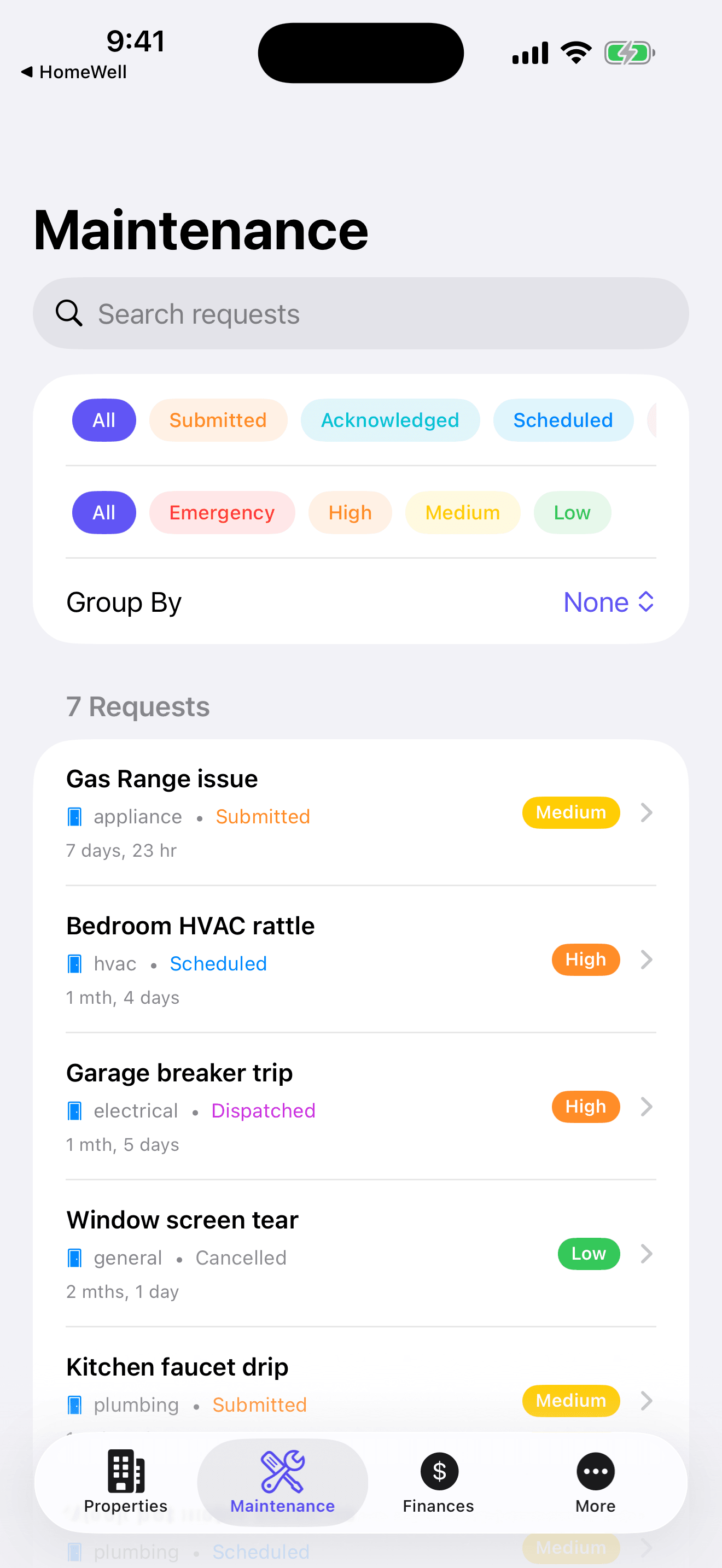 HomeWell Property Manager mobile tenants screen