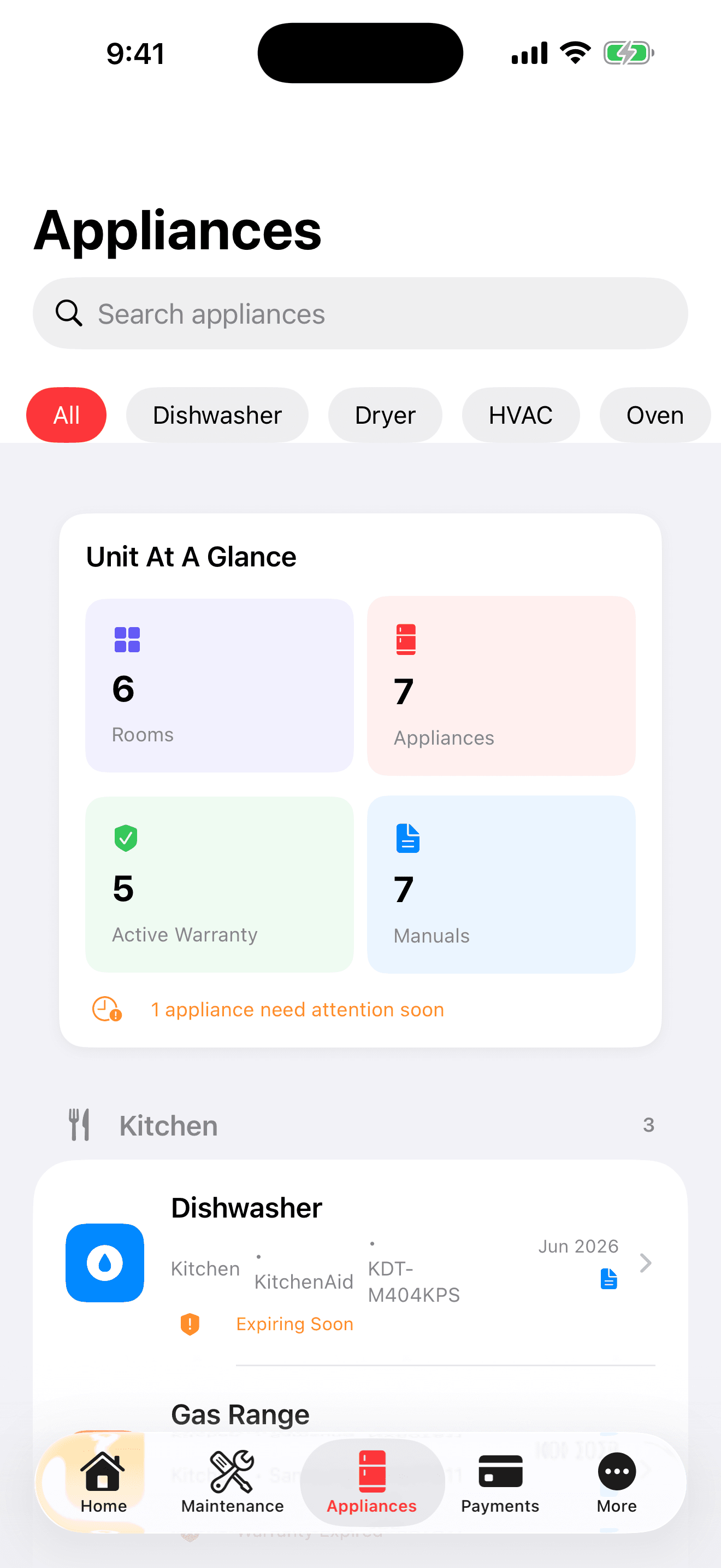 HomeWell Tenant mobile appliances screen