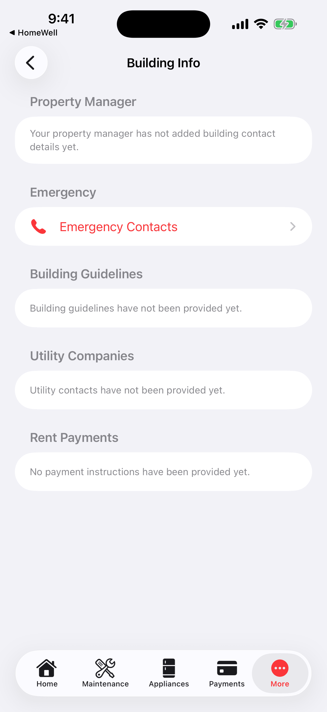 HomeWell Tenant mobile building info screen