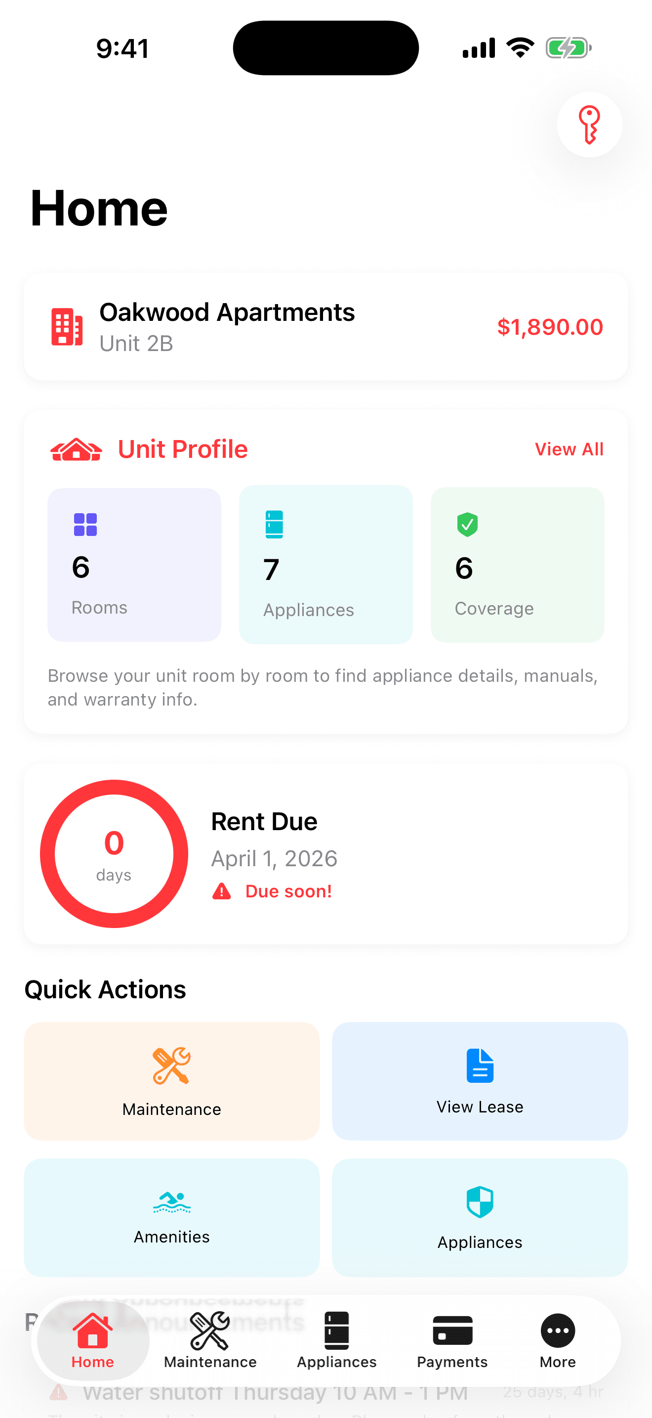 HomeWell Tenant mobile home screen with rent due and unit profile