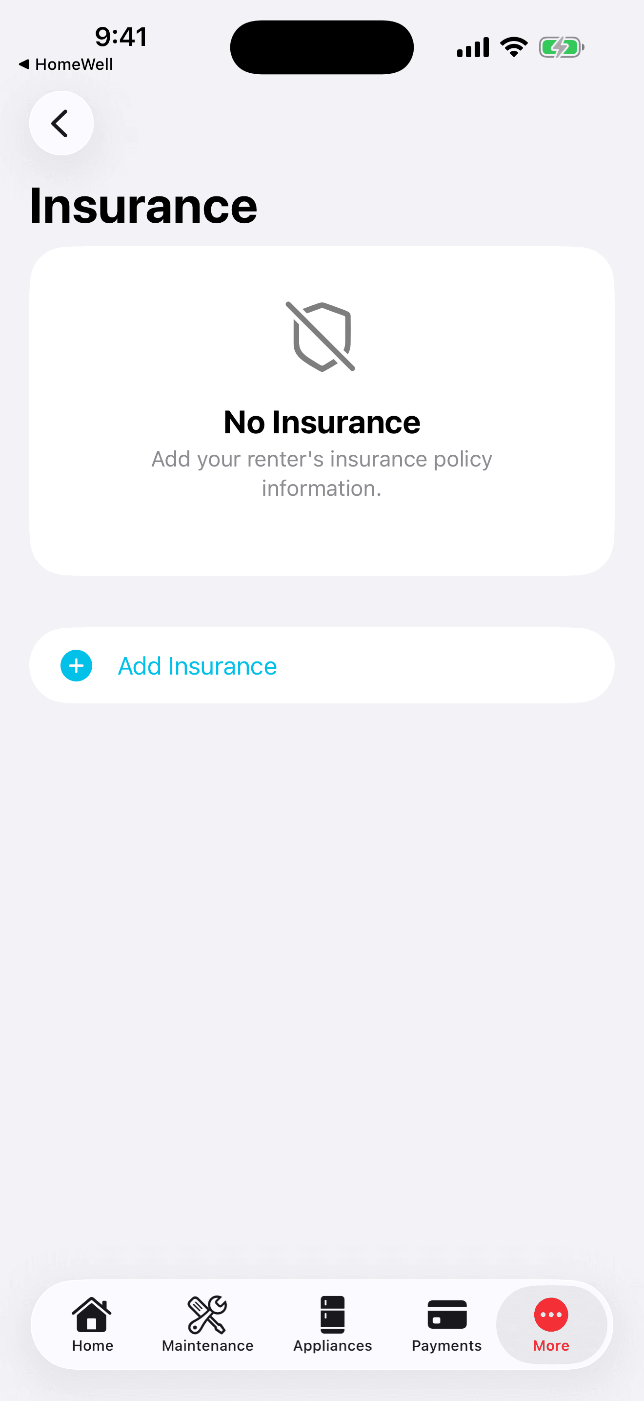 HomeWell Tenant mobile renters insurance screen