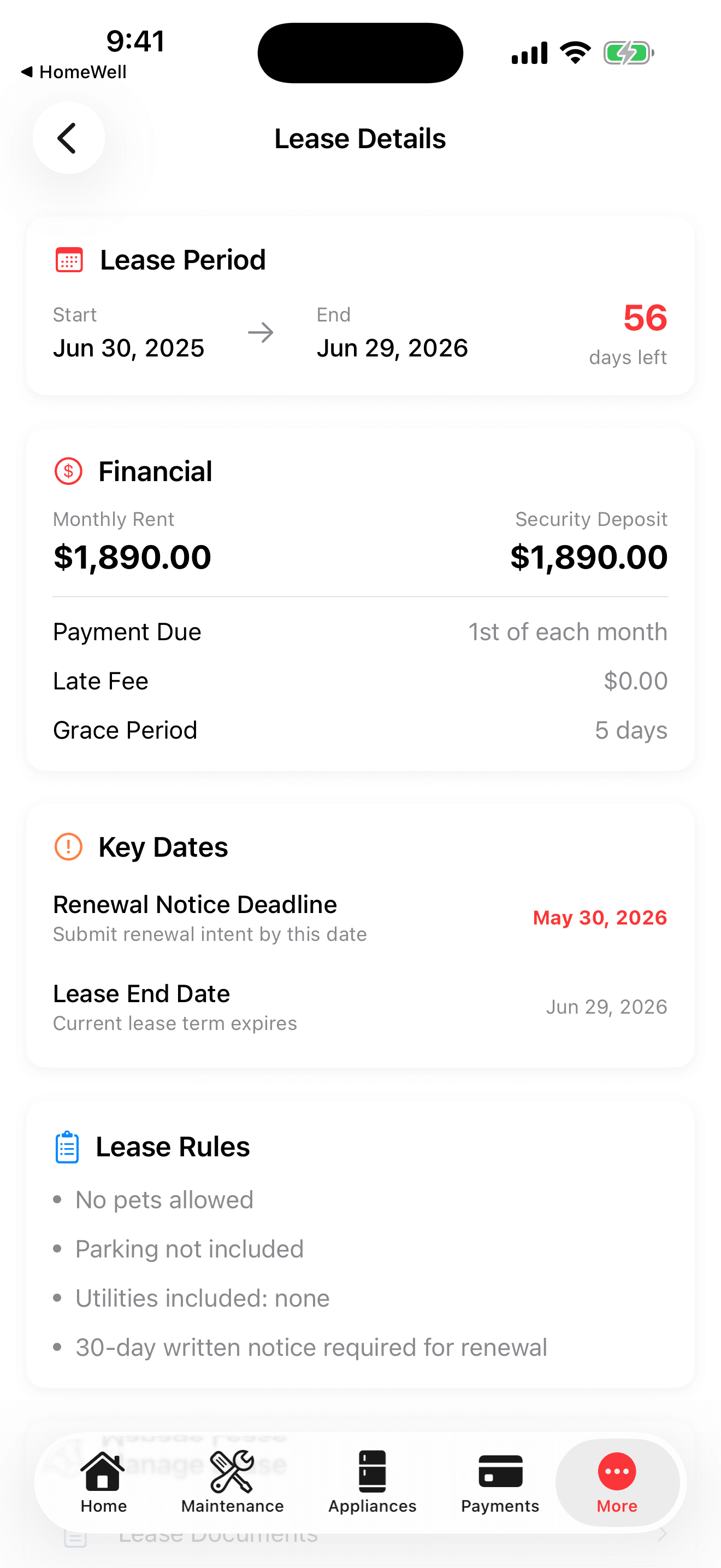 HomeWell Tenant mobile lease details screen
