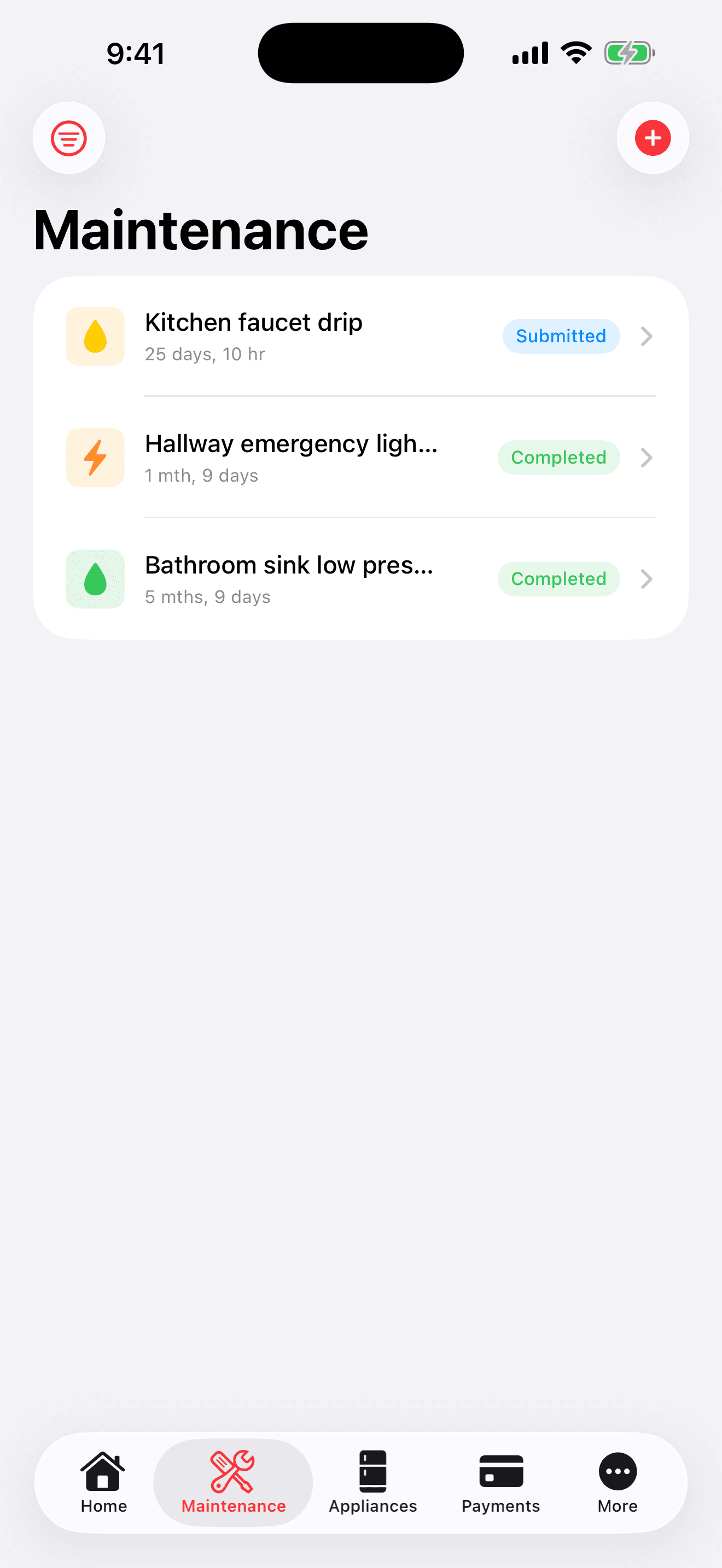HomeWell Tenant mobile maintenance request list