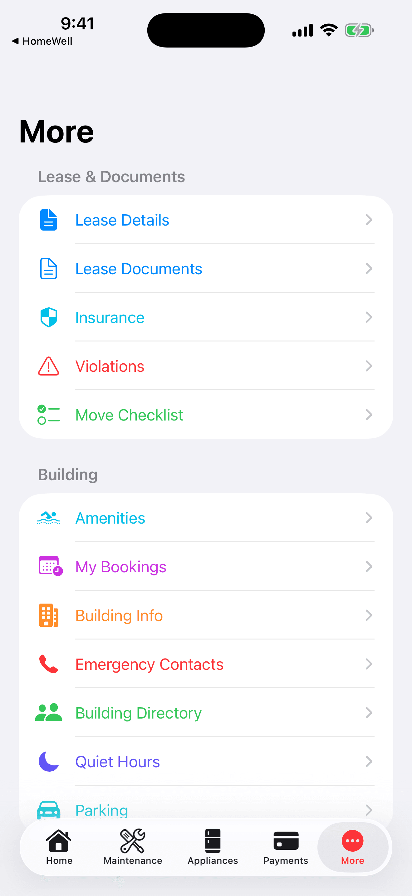 HomeWell Tenant mobile more hub