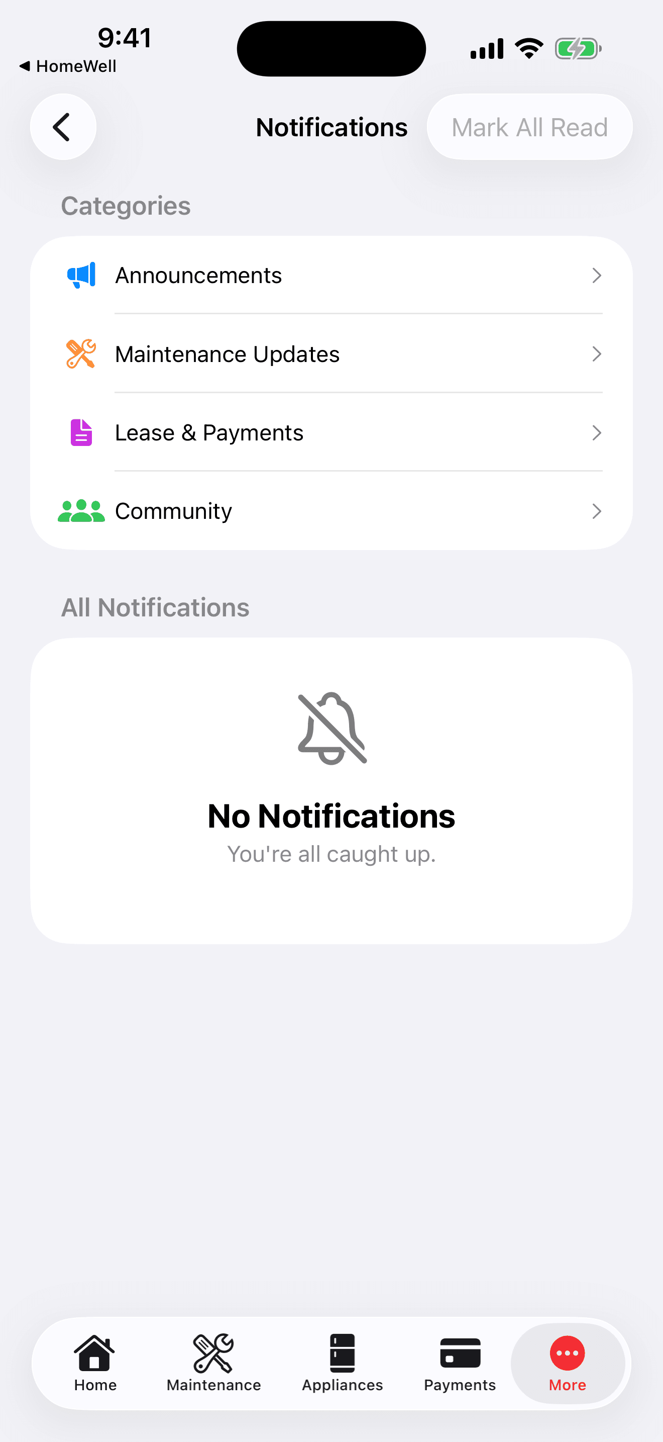 HomeWell Tenant mobile notification center