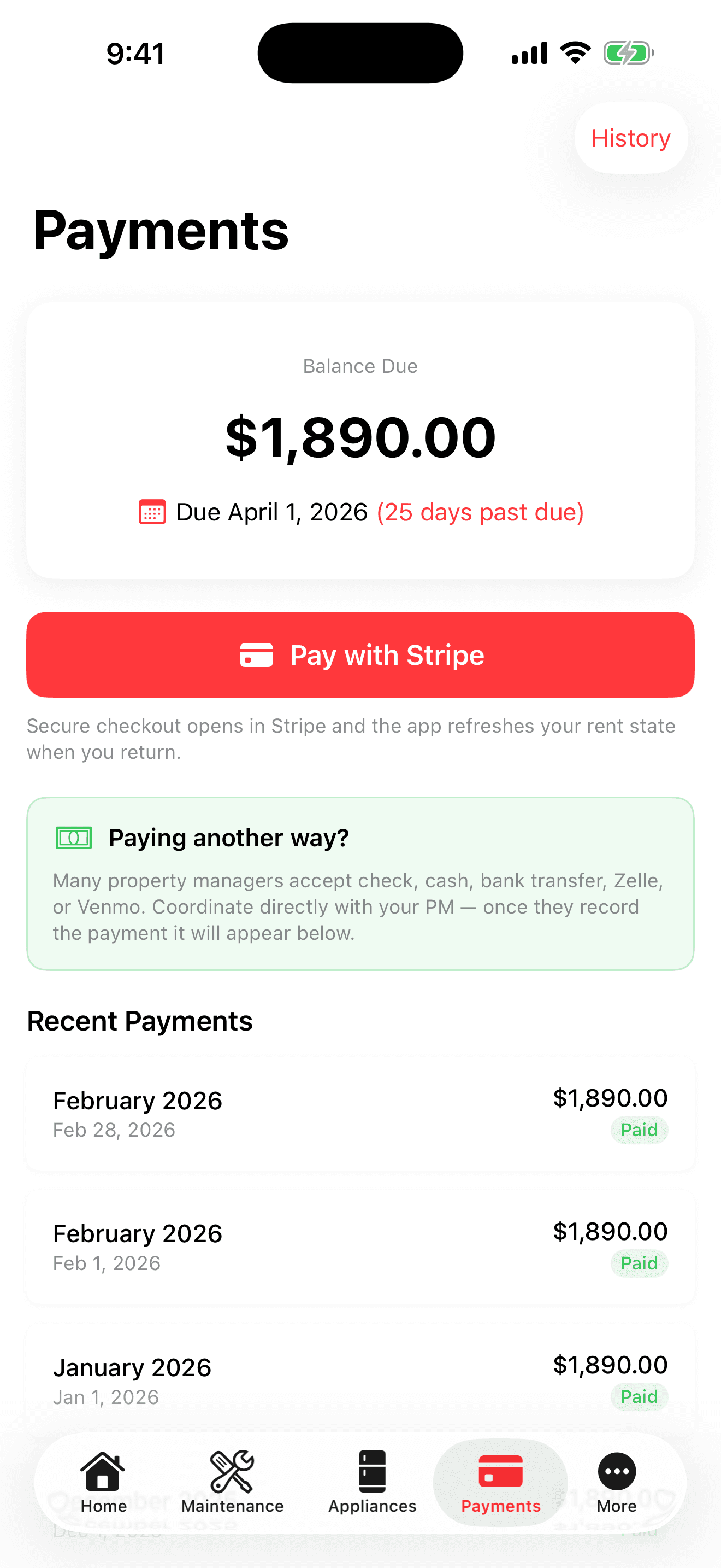 HomeWell Tenant mobile payments screen