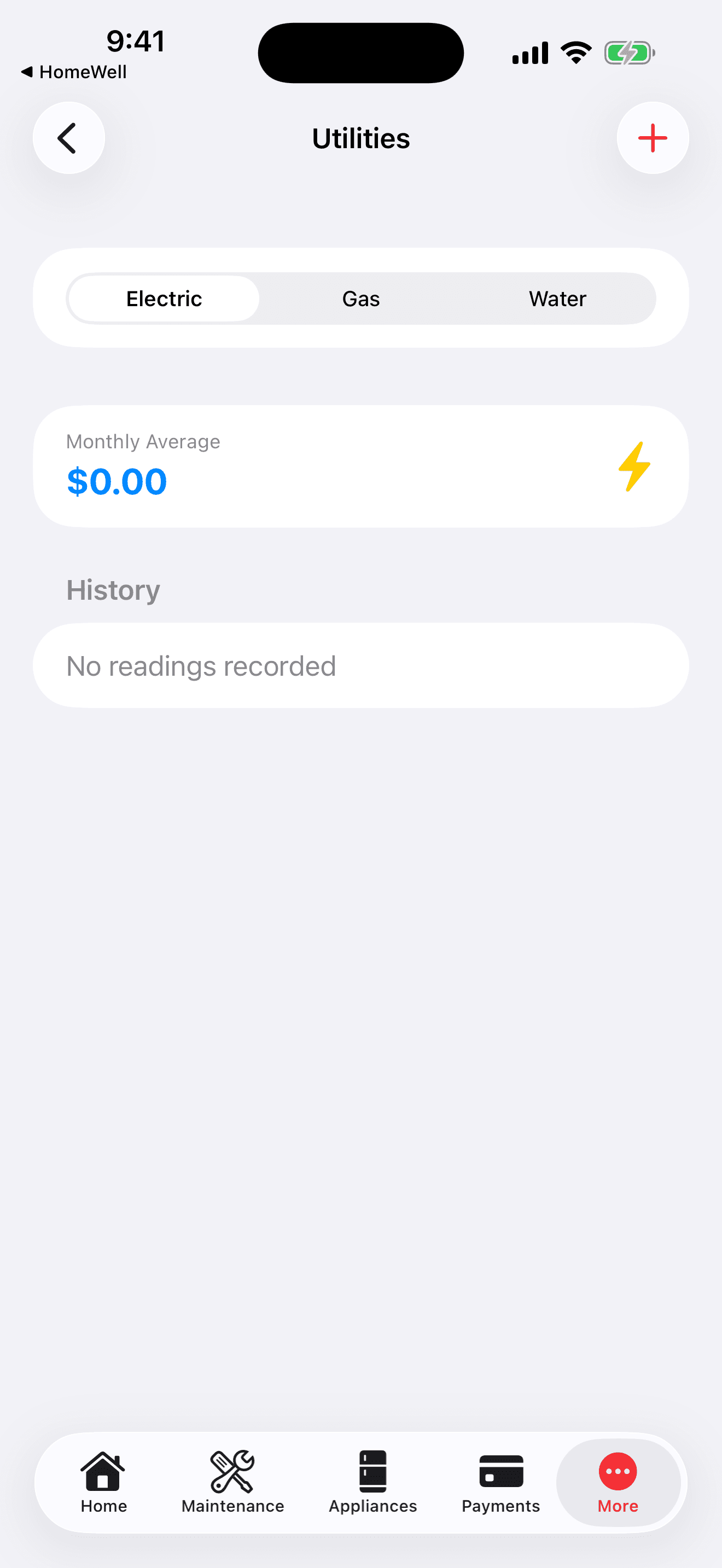 HomeWell Tenant mobile utilities screen