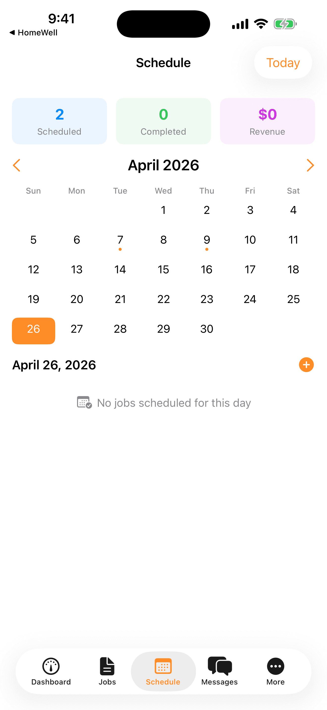 HomeWell Vendor mobile business hours screen
