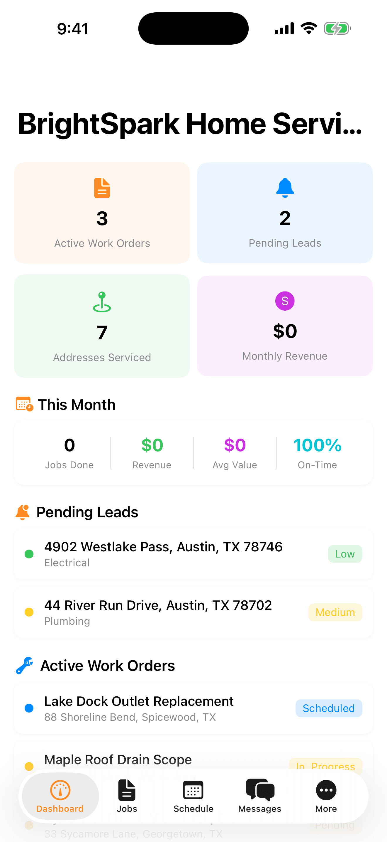 HomeWell Vendor mobile dashboard with active work orders and pending leads