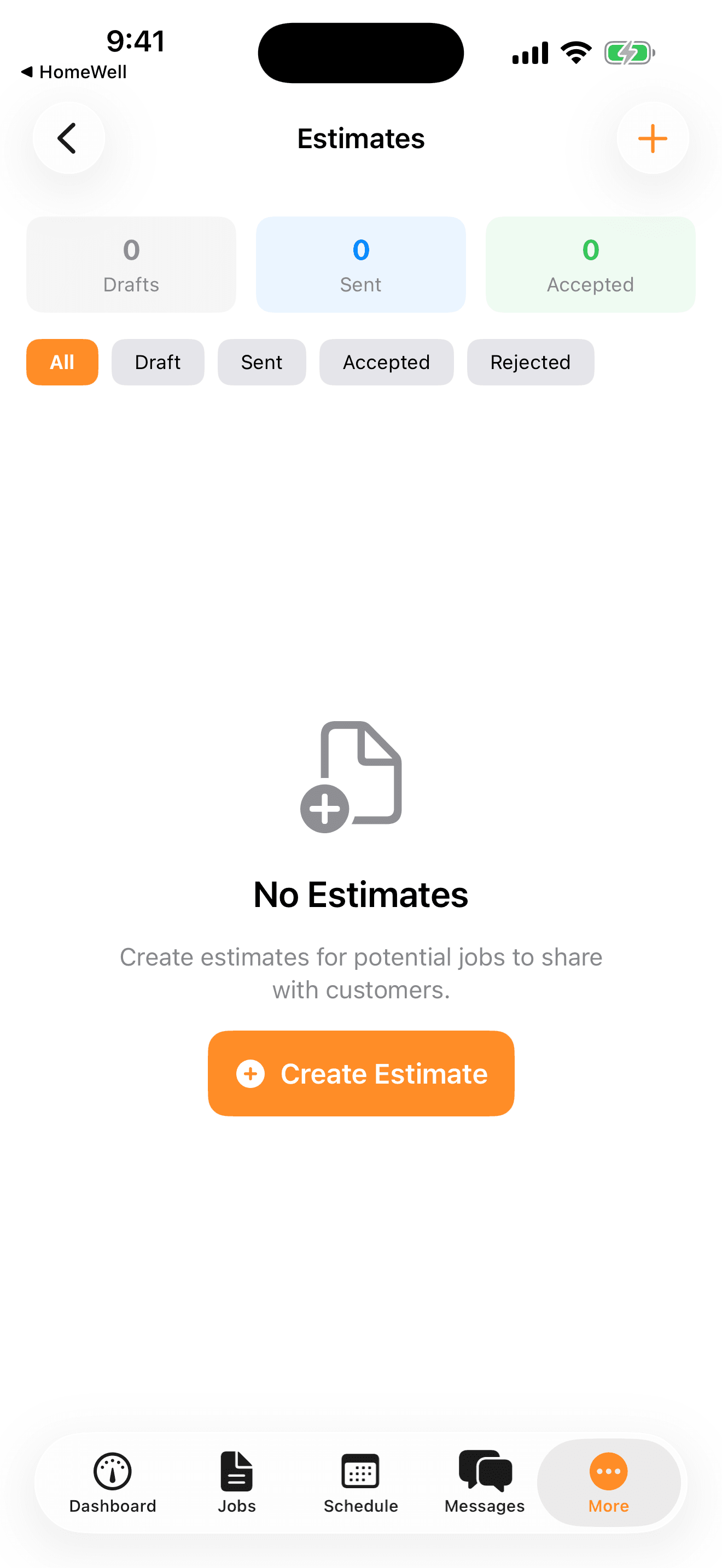 HomeWell Vendor mobile estimates screen