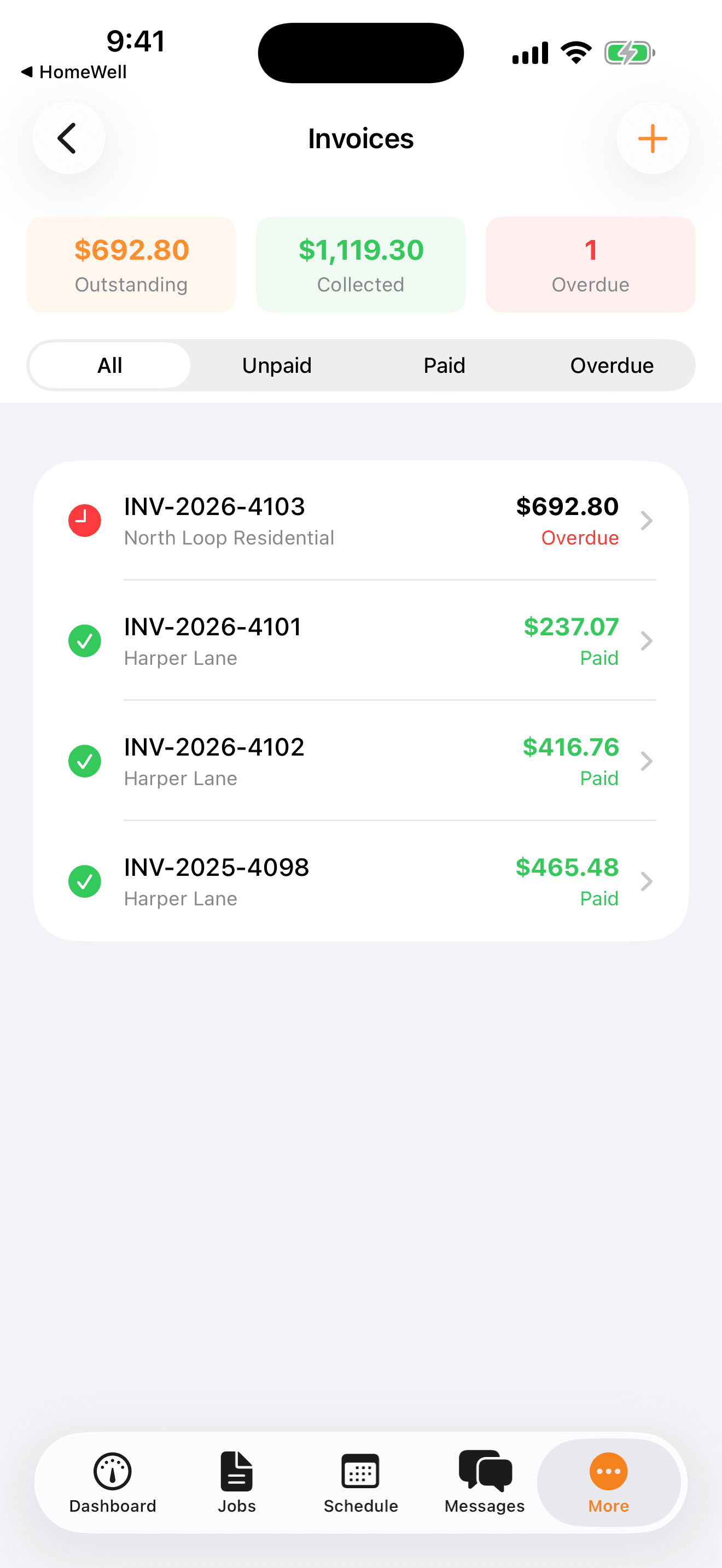 HomeWell Vendor mobile invoices screen