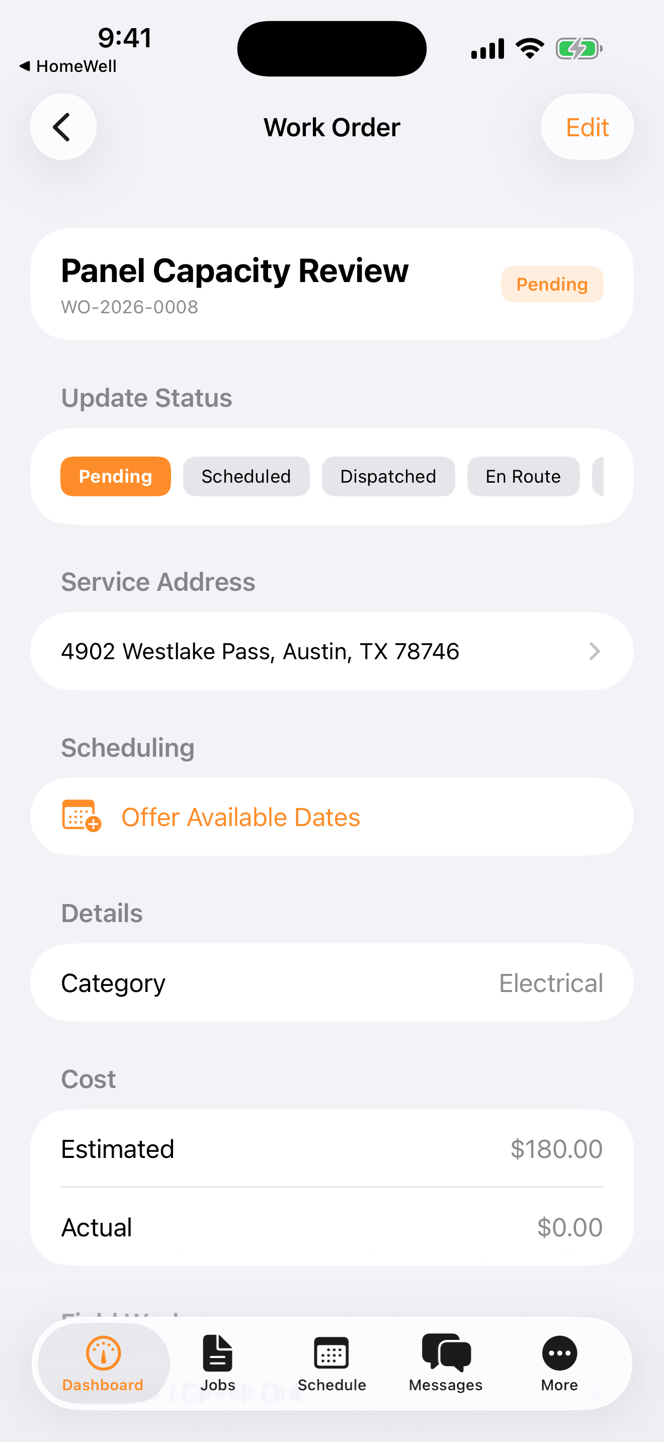 HomeWell Vendor mobile job detail screen