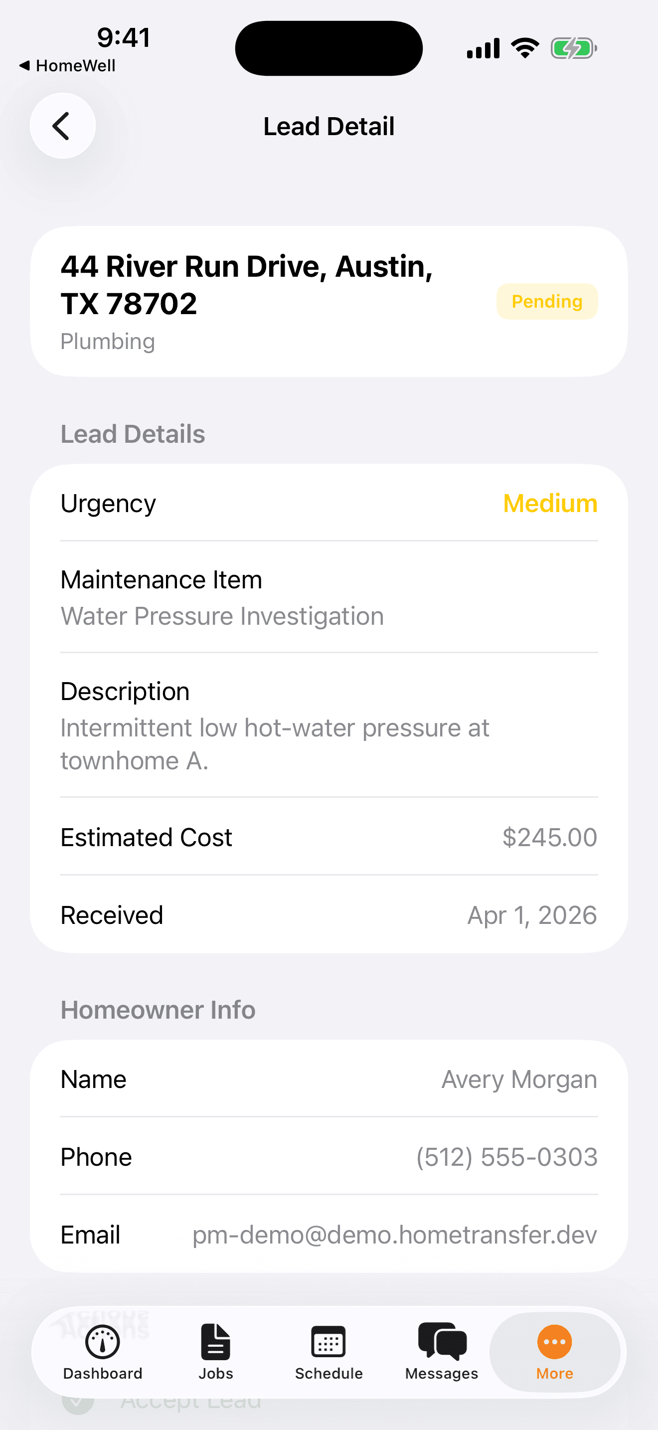 HomeWell Vendor mobile lead detail screen