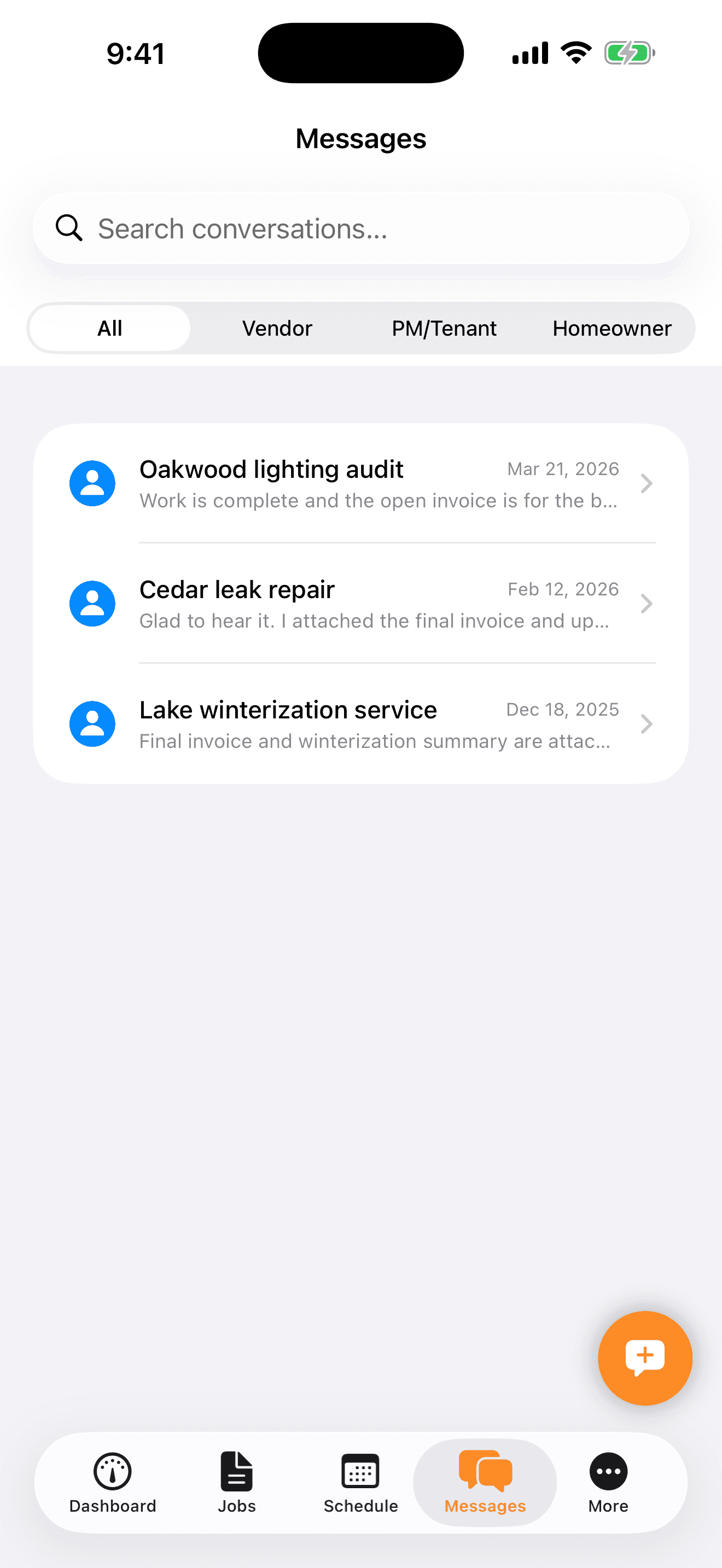 HomeWell Vendor mobile messages screen