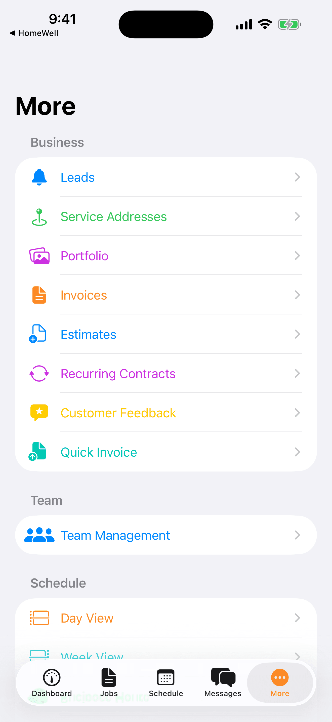 HomeWell Vendor mobile more hub