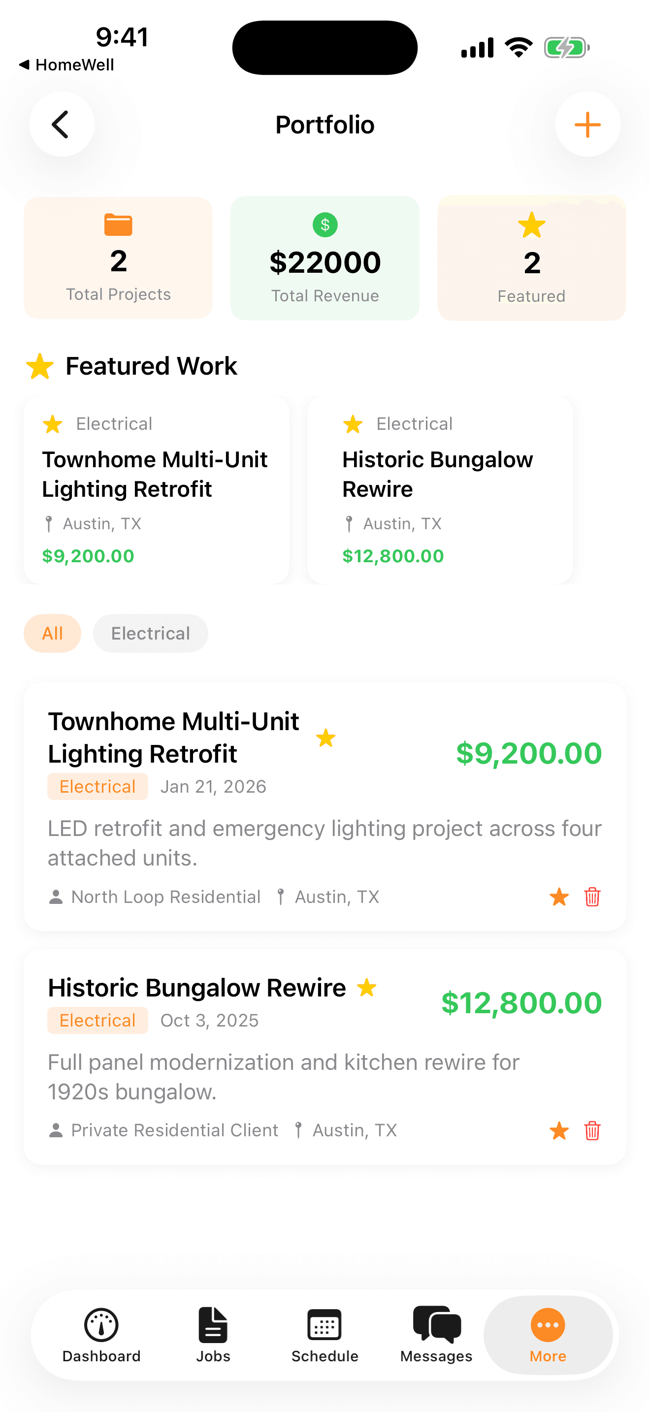 HomeWell Vendor mobile portfolio screen