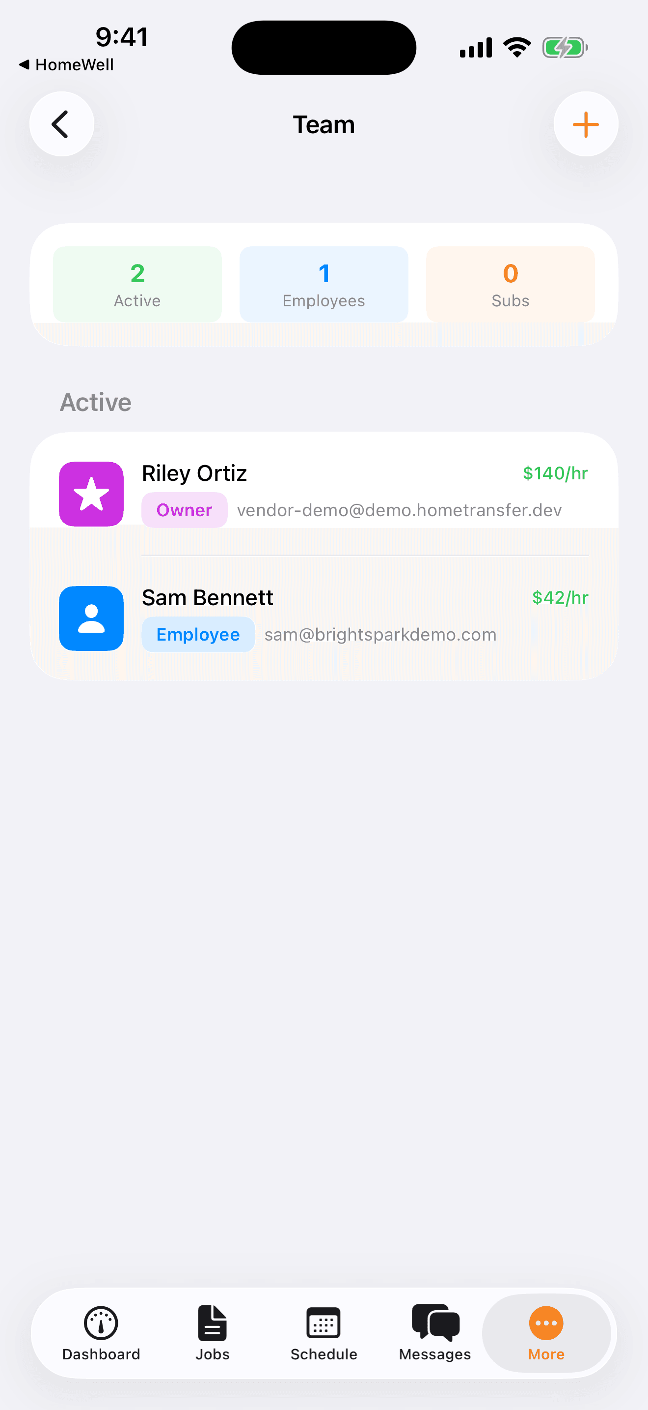 HomeWell Vendor mobile team management screen