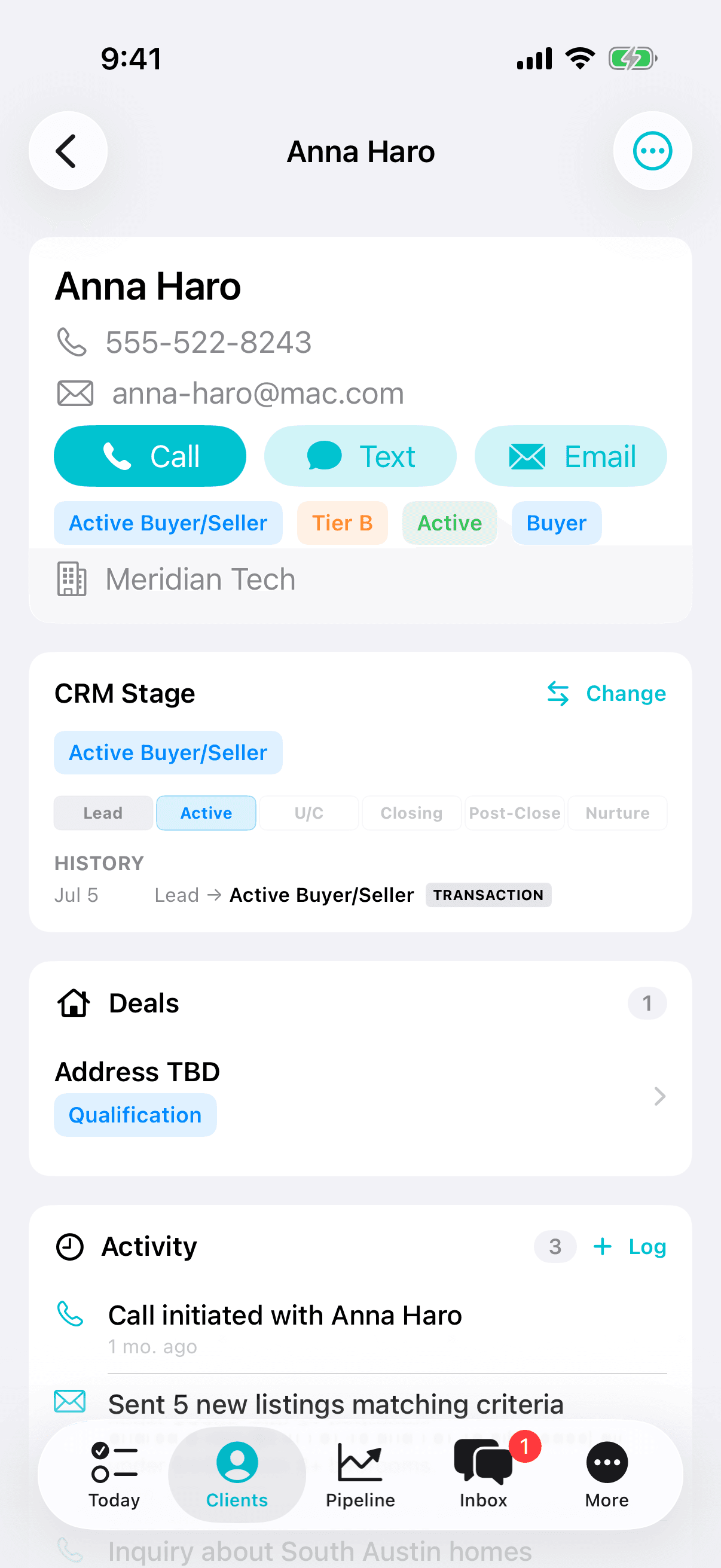 Client detail with contact info, stage, and activity timeline
