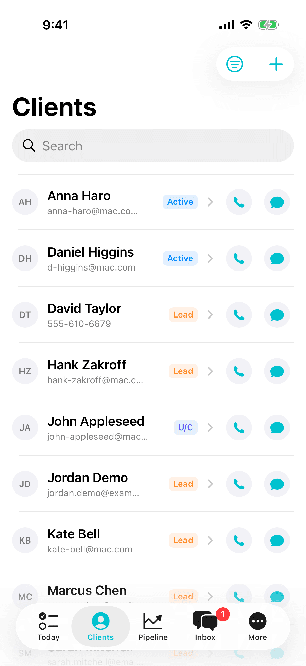 Clients list with stage chips and search
