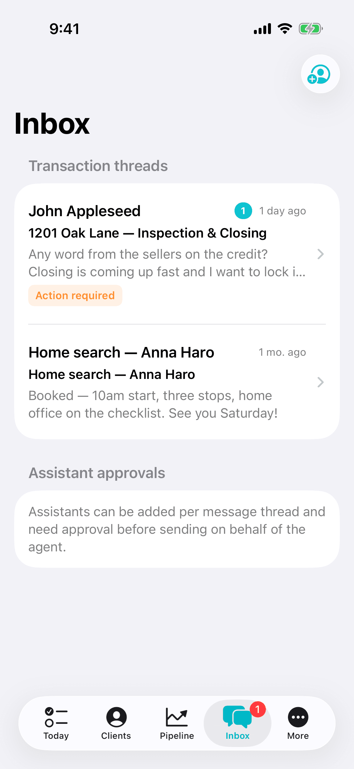 Realtor app inbox with client threads and unread indicators