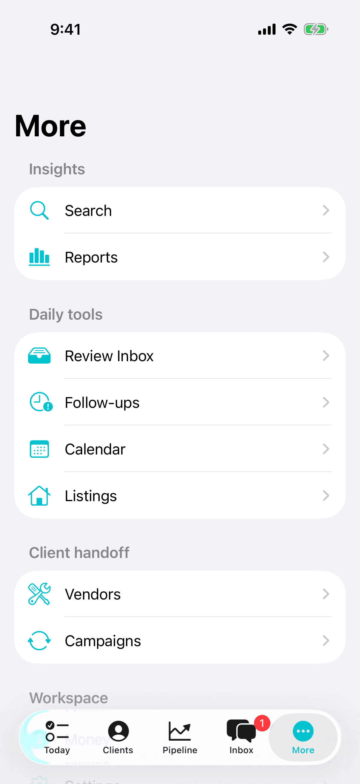 More menu with reports, follow-ups, calendar, campaigns, and money