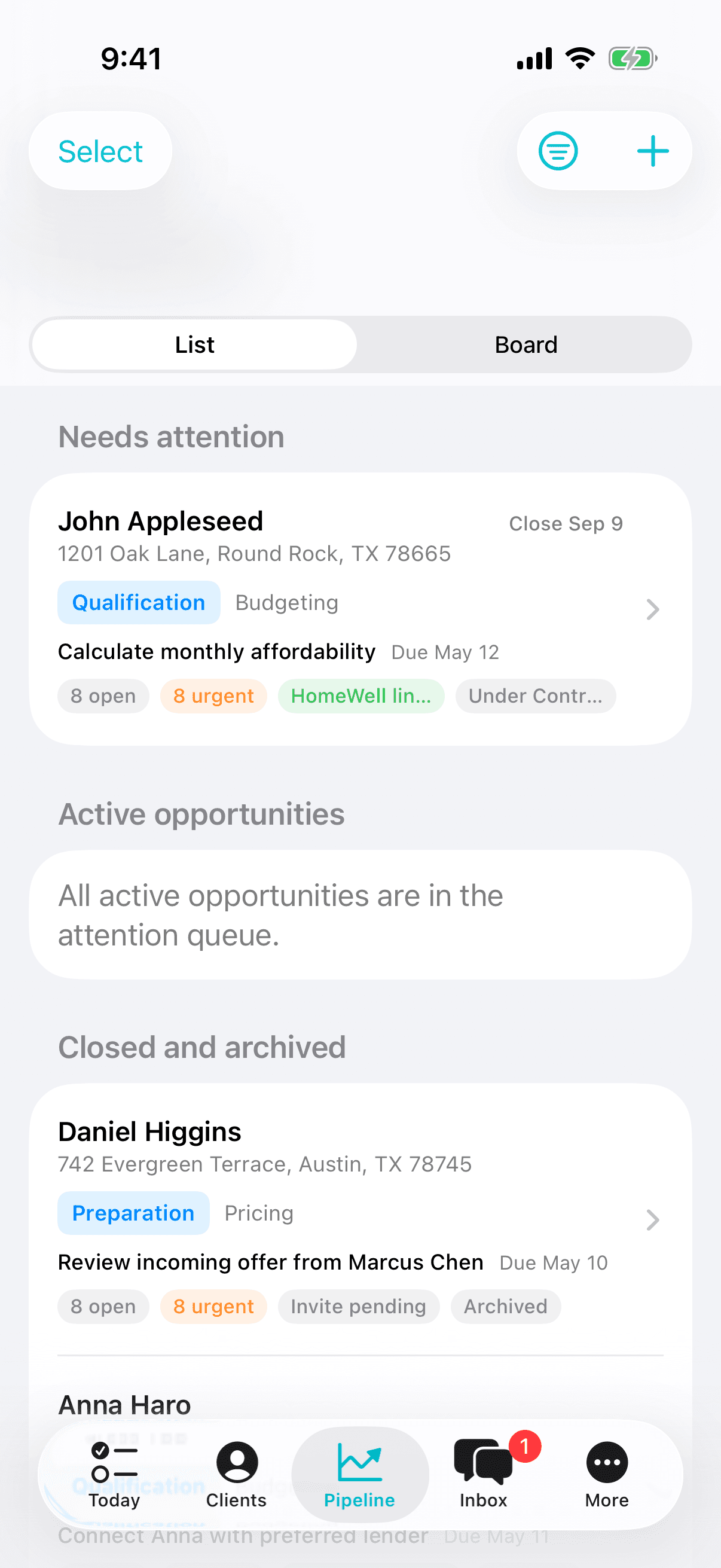 Realtor app pipeline with the attention queue and closings